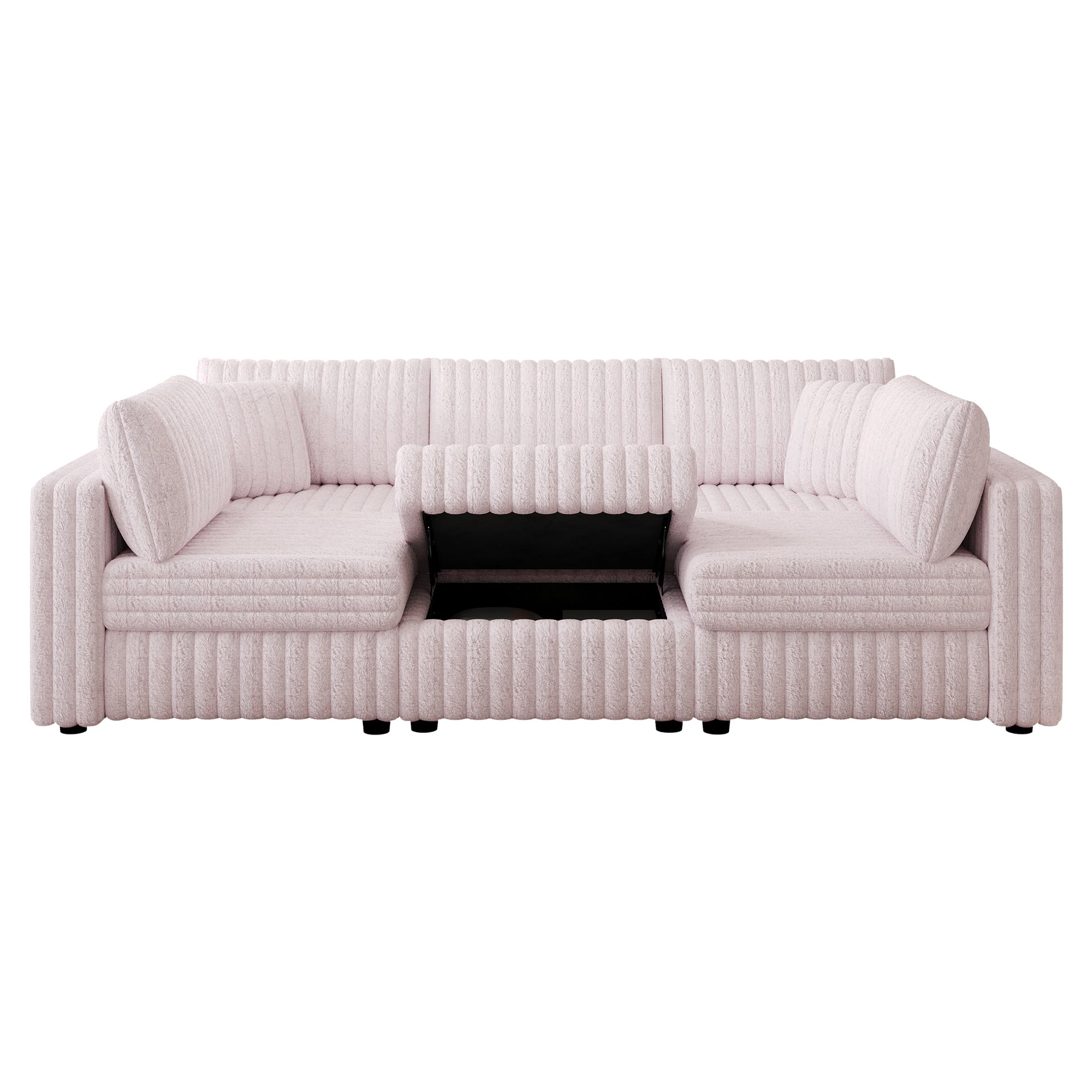 Pale pink corduroy sofa with hidden storage compartment and throw pillows