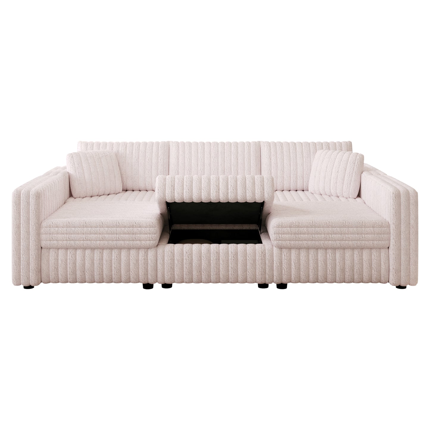Plush pink sectional sofa with hidden storage and textured fabric