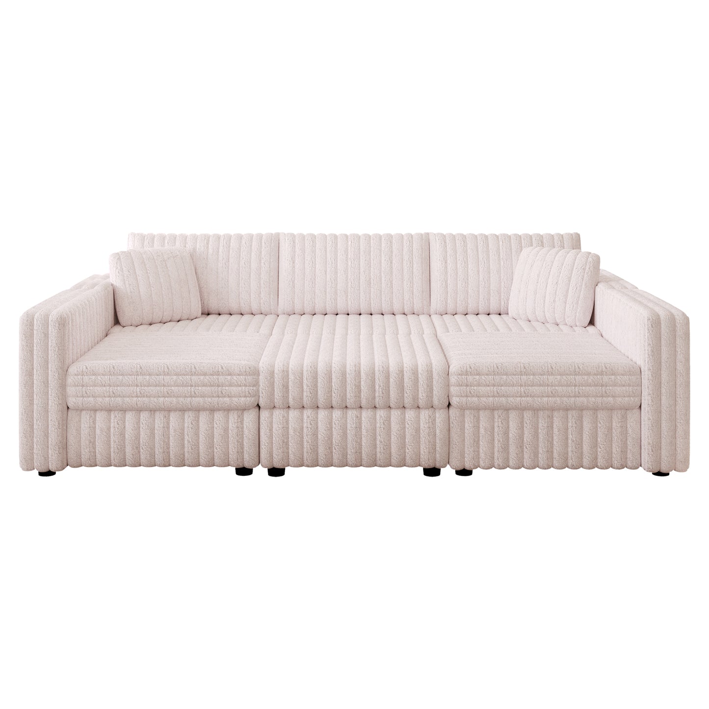 Plush textured cream sofa with three seat cushions and plush bolster pillows