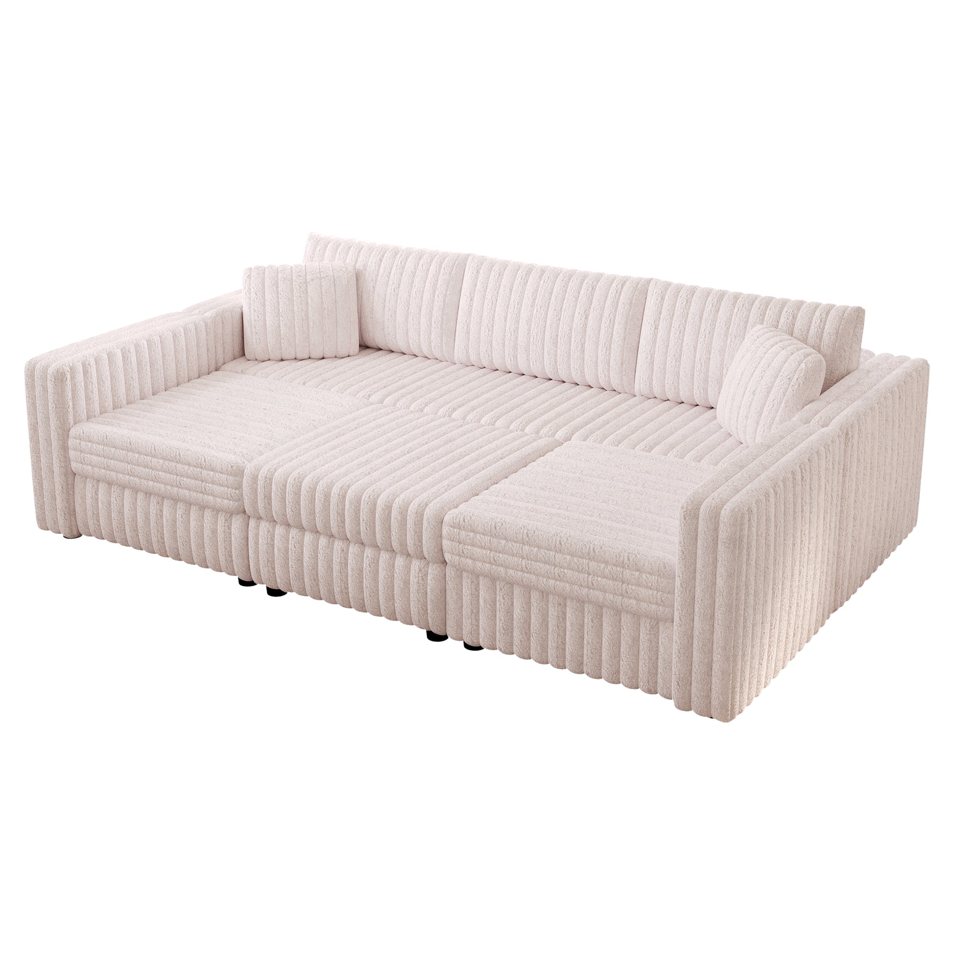 Plush pink corduroy sectional sofa with textured upholstery and matching throw pillows