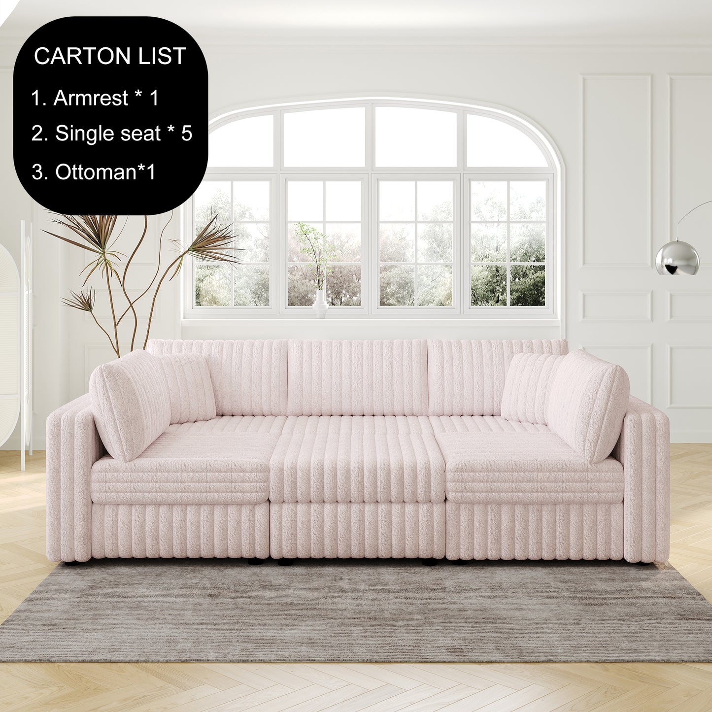 Pink plush sofa with ribbed texture and matching throw pillows modern living room furniture