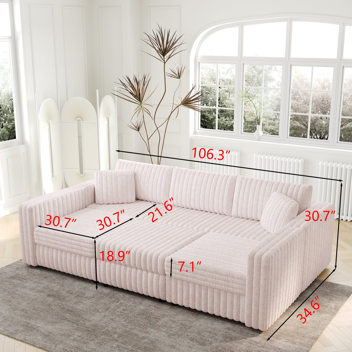 Light pink corduroy sectional sofa with textured fabric and plush throw pillows ideal for modern living rooms