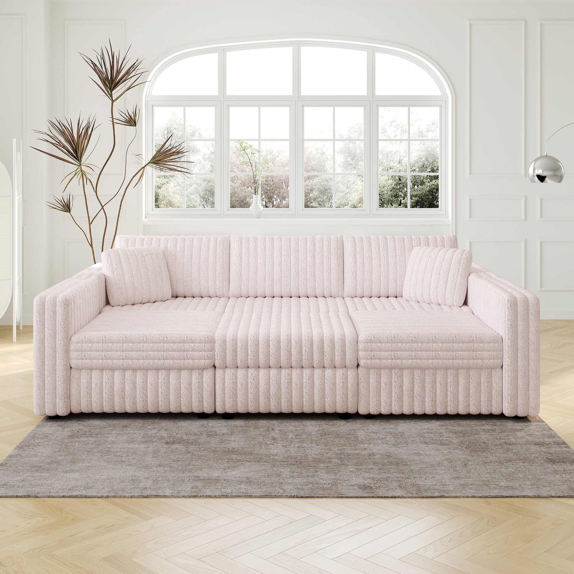 Pink plush sofa with vertical channel tufting and a matching cushion modern living room furniture
