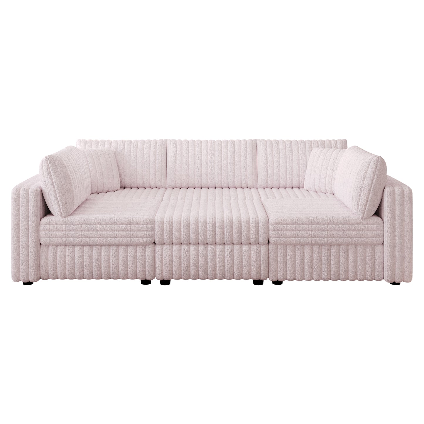 Plush pink threeseater sofa with ribbed textured fabric and accent pillows for a cozy living room