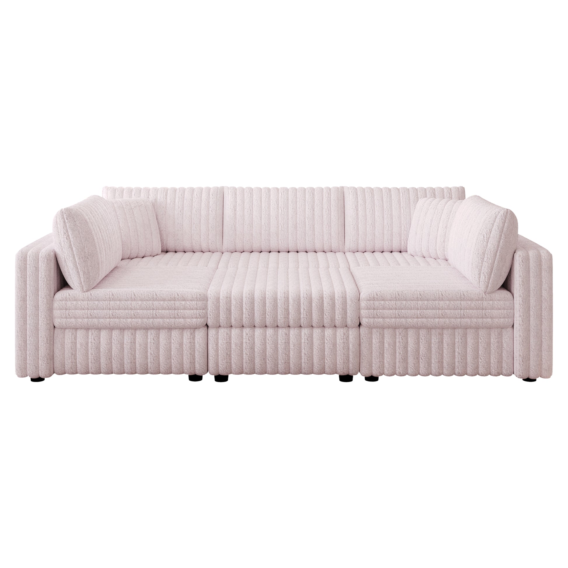 Plush pink threeseater sofa with ribbed textured fabric and accent pillows for a cozy living room