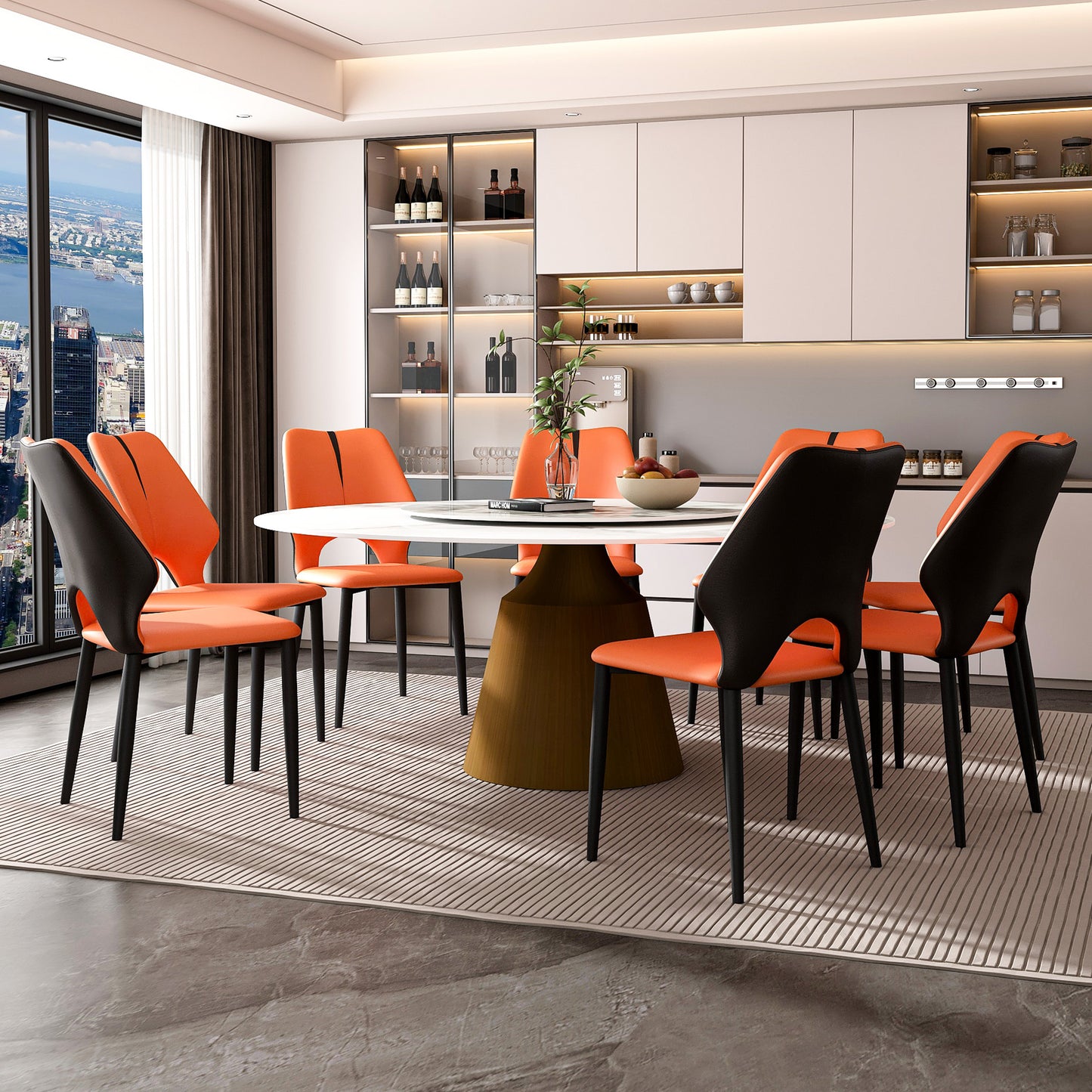 Modern dining chair with vibrant orange upholstered seat and back black legs