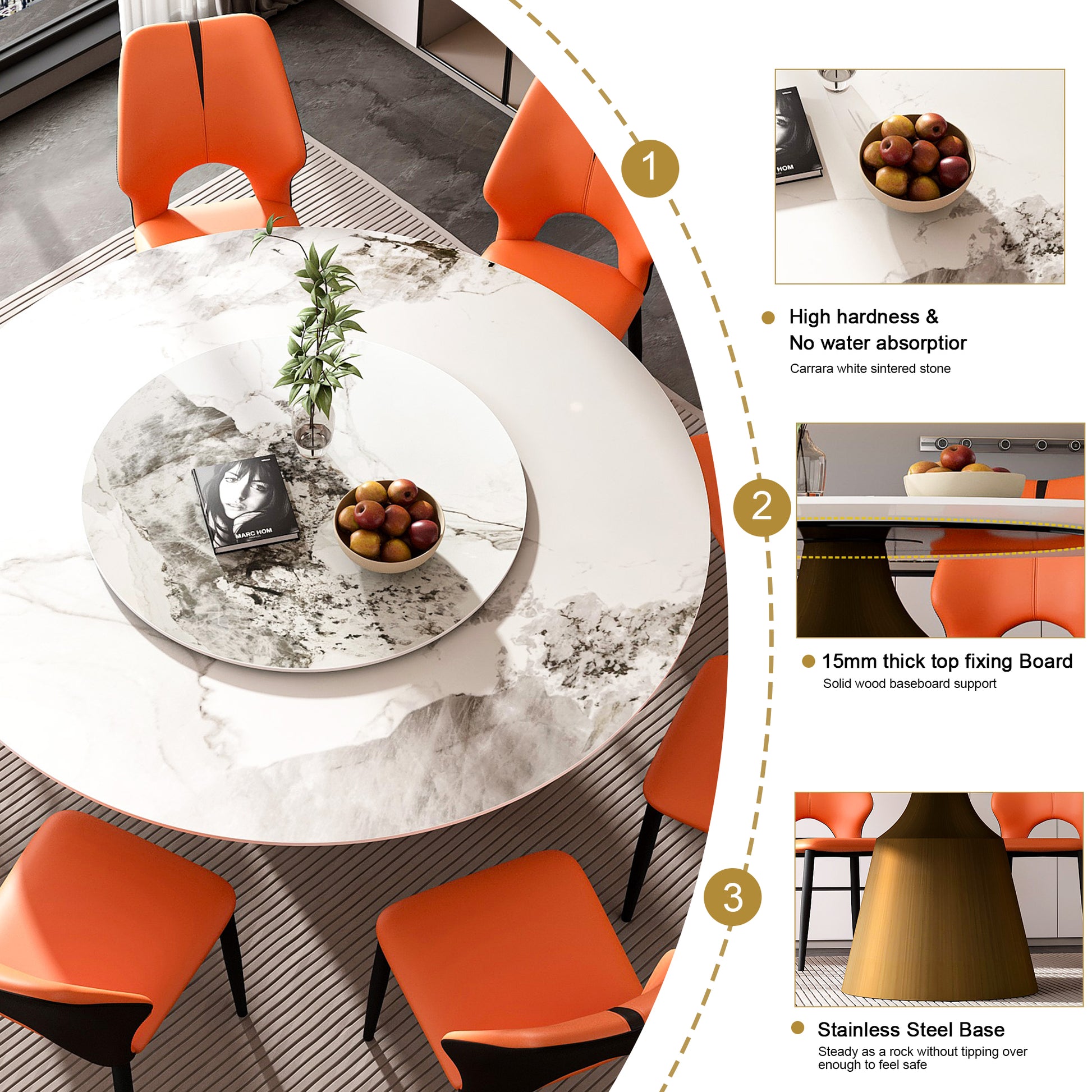 Round marble dining table with modern orange chairs Carrara white sintered stone