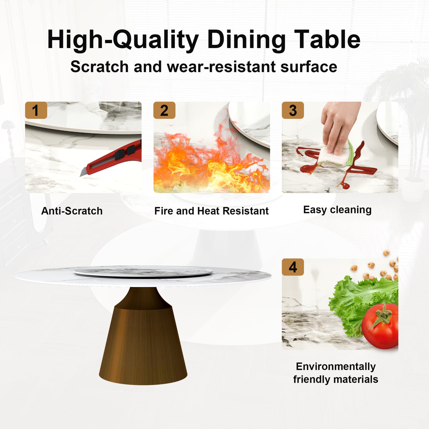 Round dining table with white marblelook top and bronze pedestal base