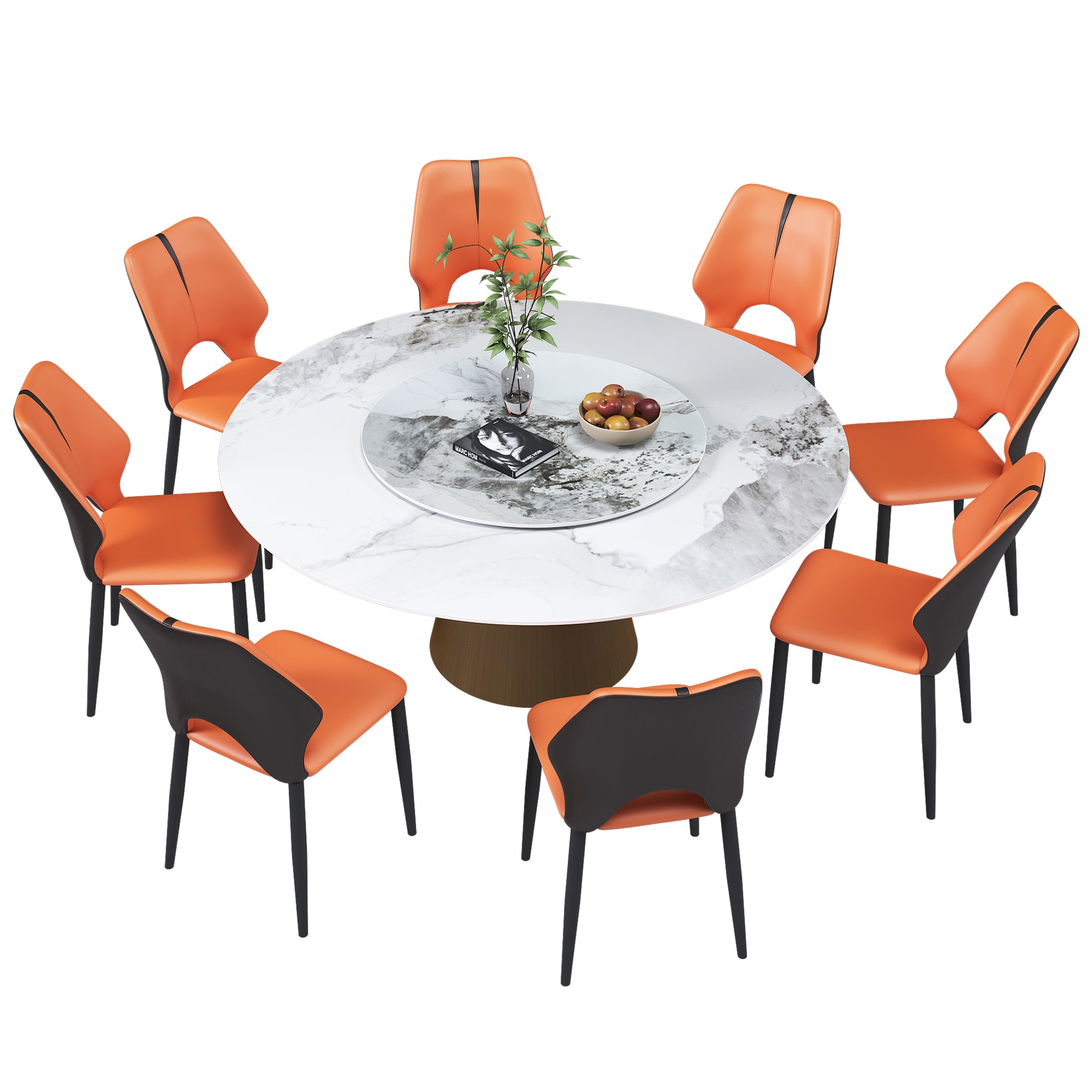 Round marble dining table with eight orange leather chairs
