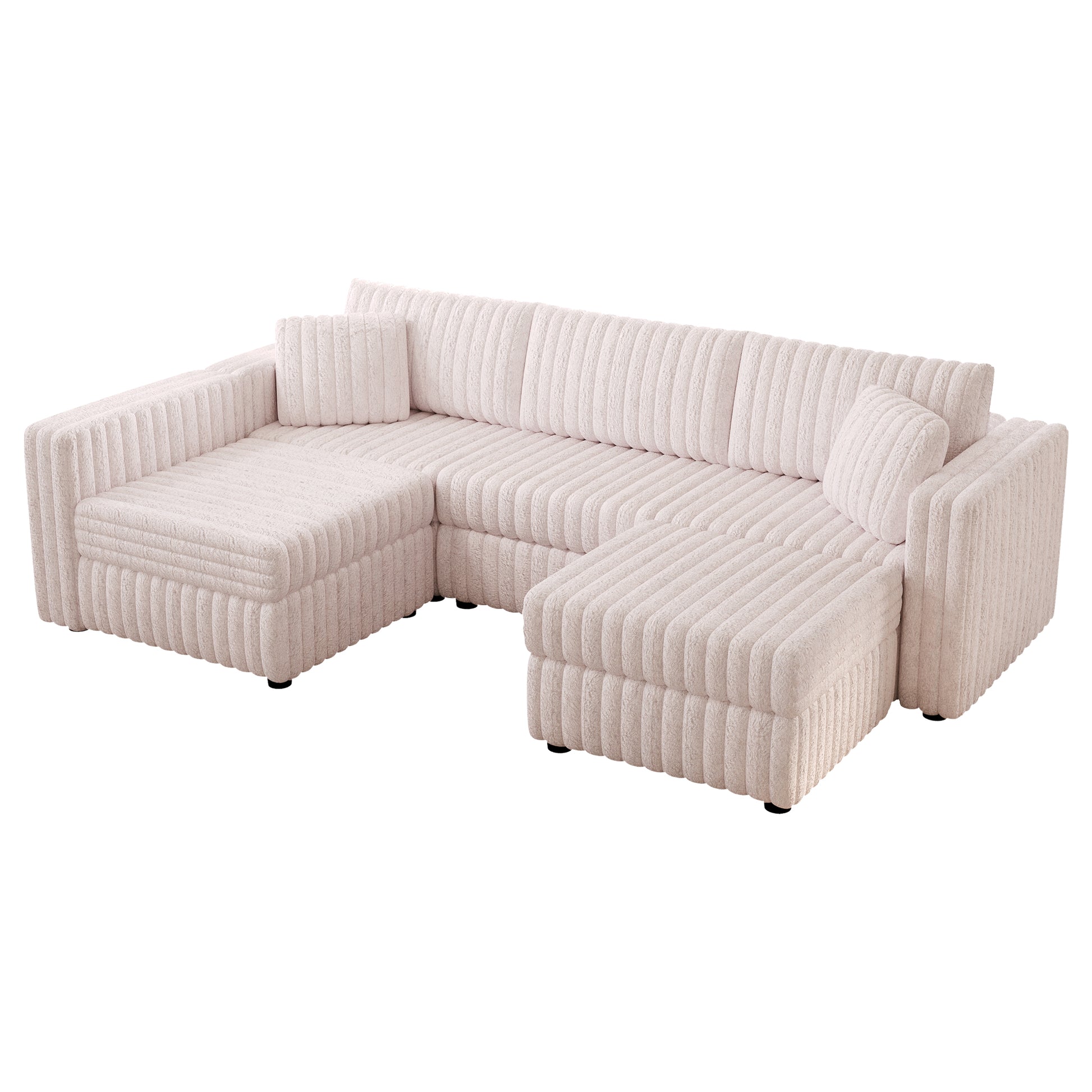 Plush teddy fabric sectional sofa in a neutral cream color with channel tufting for a cozy living room