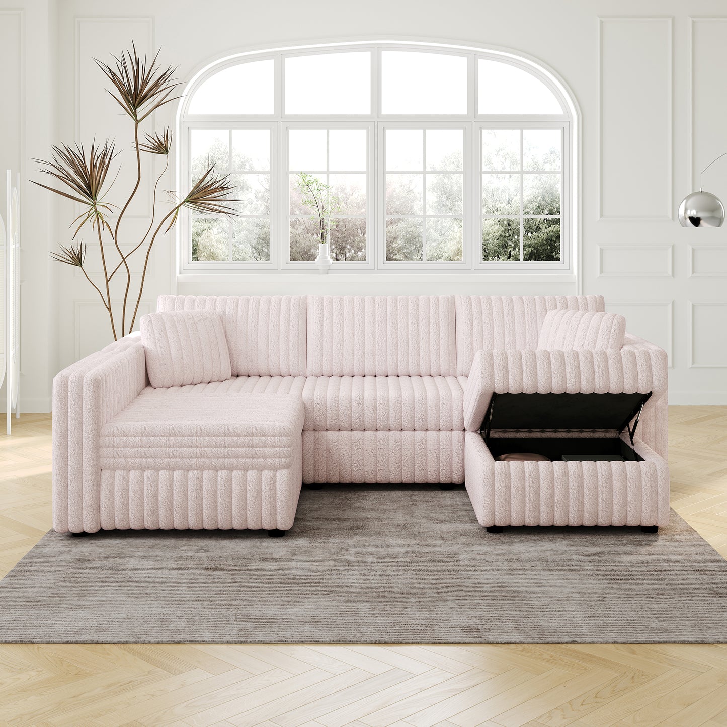 Pink boucle sectional sofa with storage chaise tufted upholstery