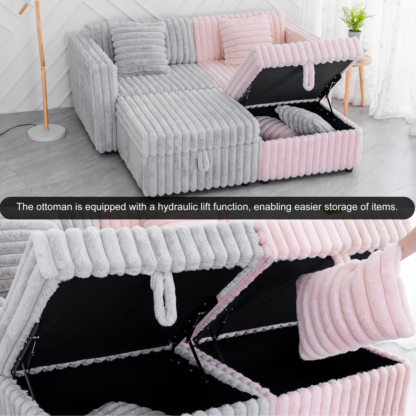 Soft corduroy sectional sofa in grey and pink with storage ottomans