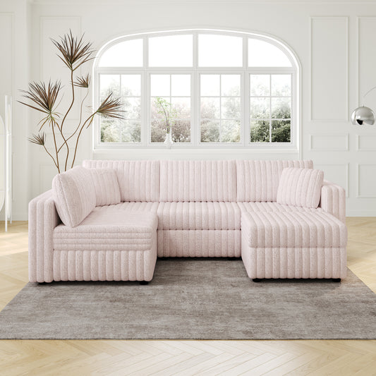 Plush pink sectional sofa with ribbed texture and throw pillows for a cozy living room