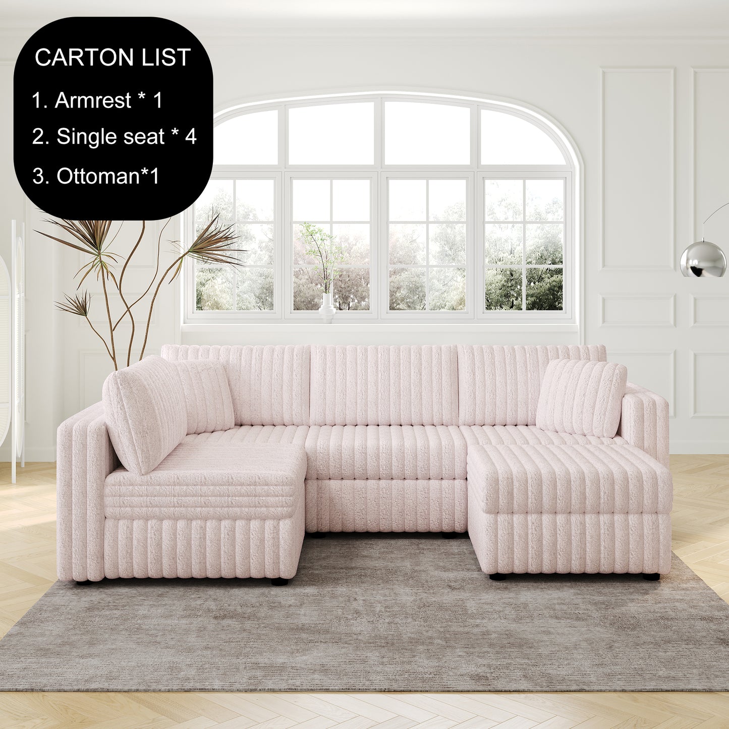 Pink boucle fabric sectional sofa with Ushaped configuration and matching throw pillows