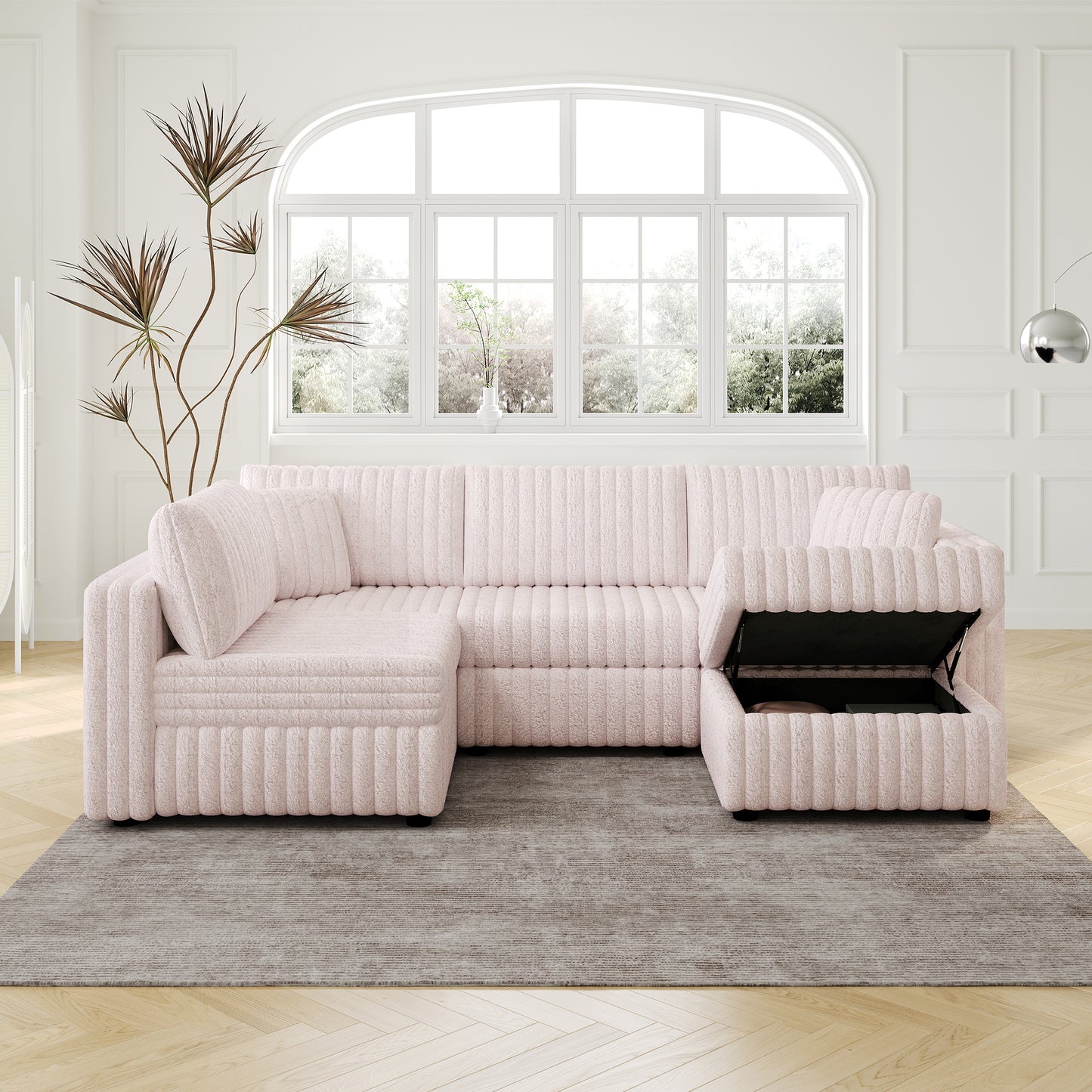 Plush pink sectional sofa with tufted detail and hidden storage chaise