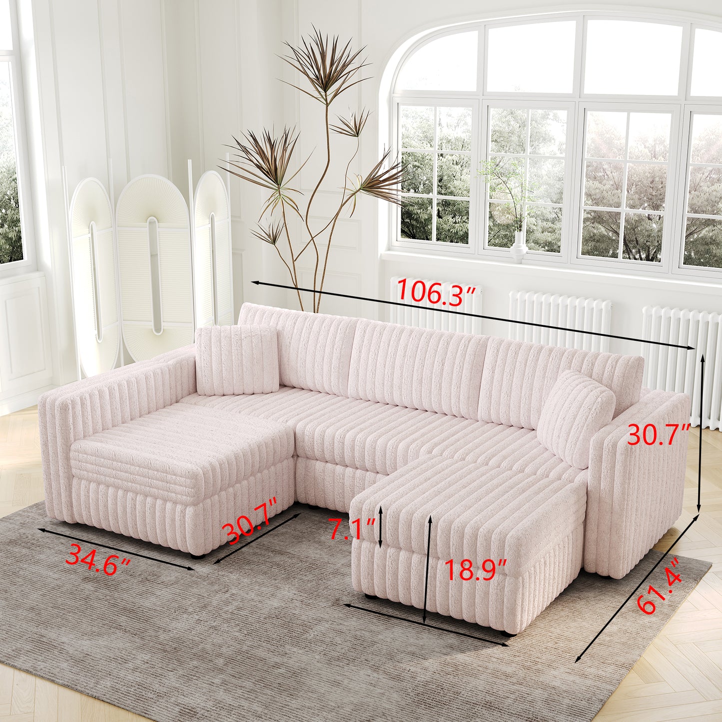 Plush pink sectional sofa with textured fabric featuring a Ushaped design and decorative pillows for modern living rooms