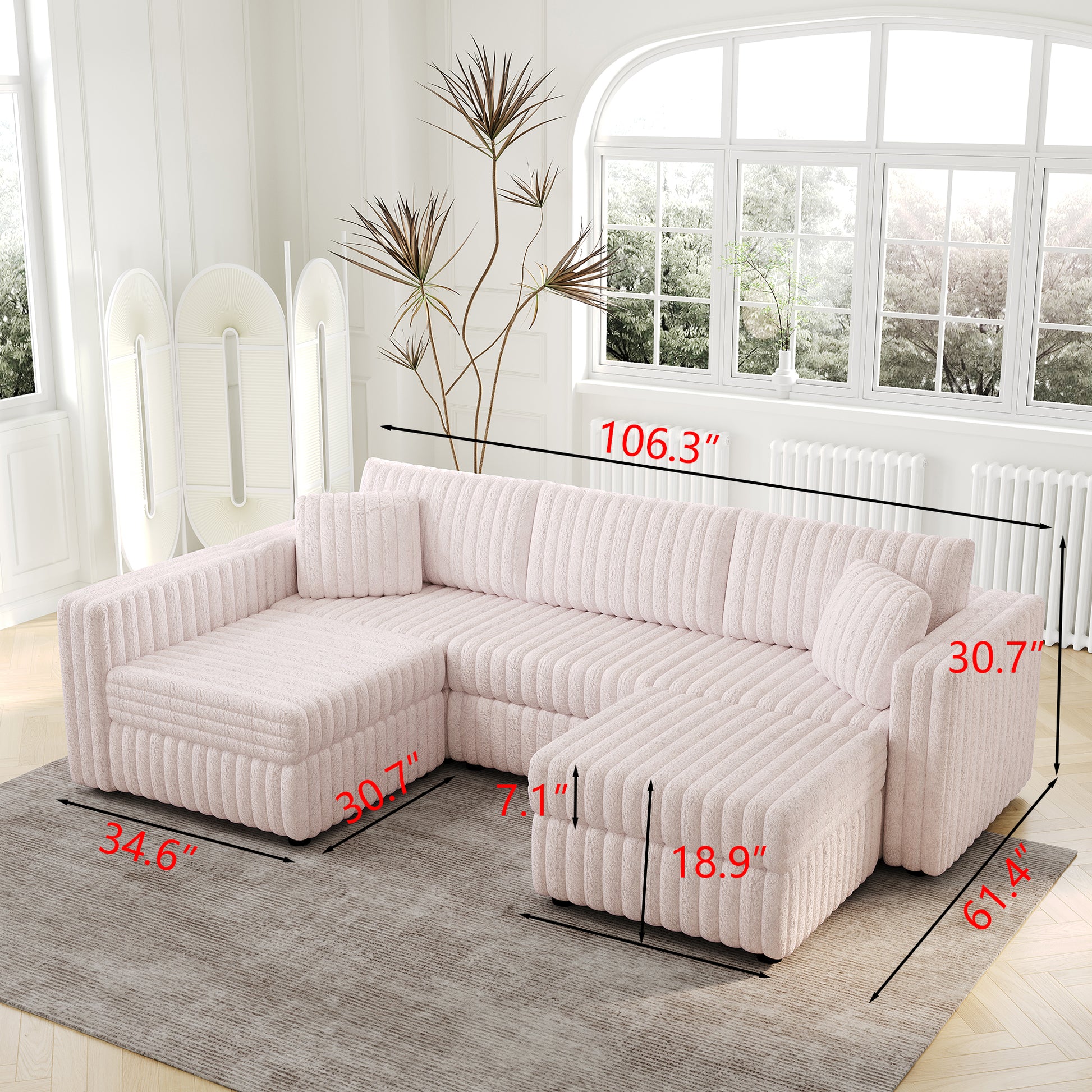 Plush pink sectional sofa with textured fabric featuring a Ushaped design and decorative pillows for modern living rooms