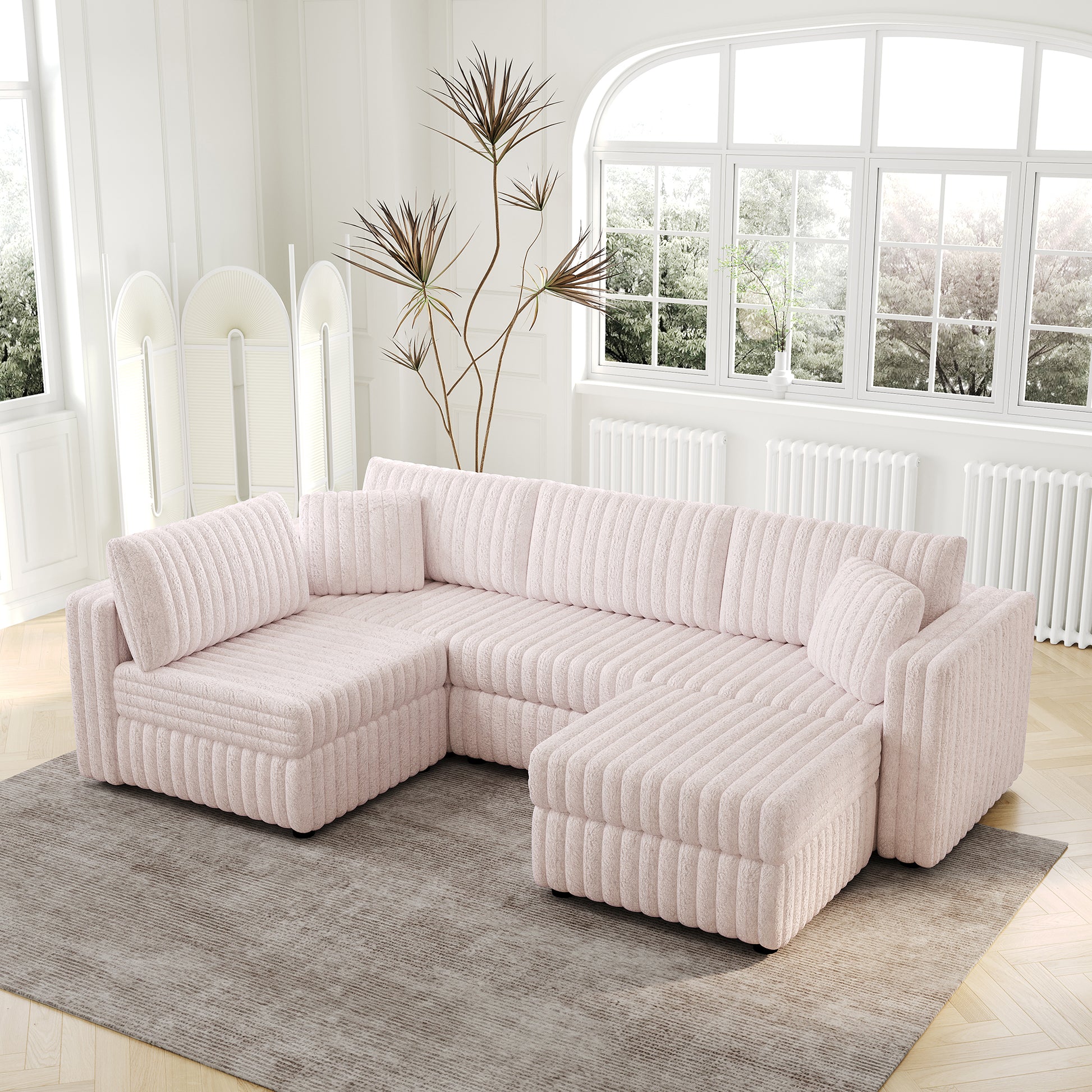 Plush pink sectional sofa with textured upholstery perfect for a cozy living room setup