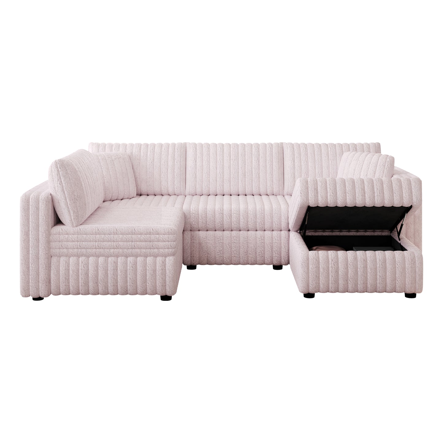 Light pink textured sectional sofa with open storage chaise