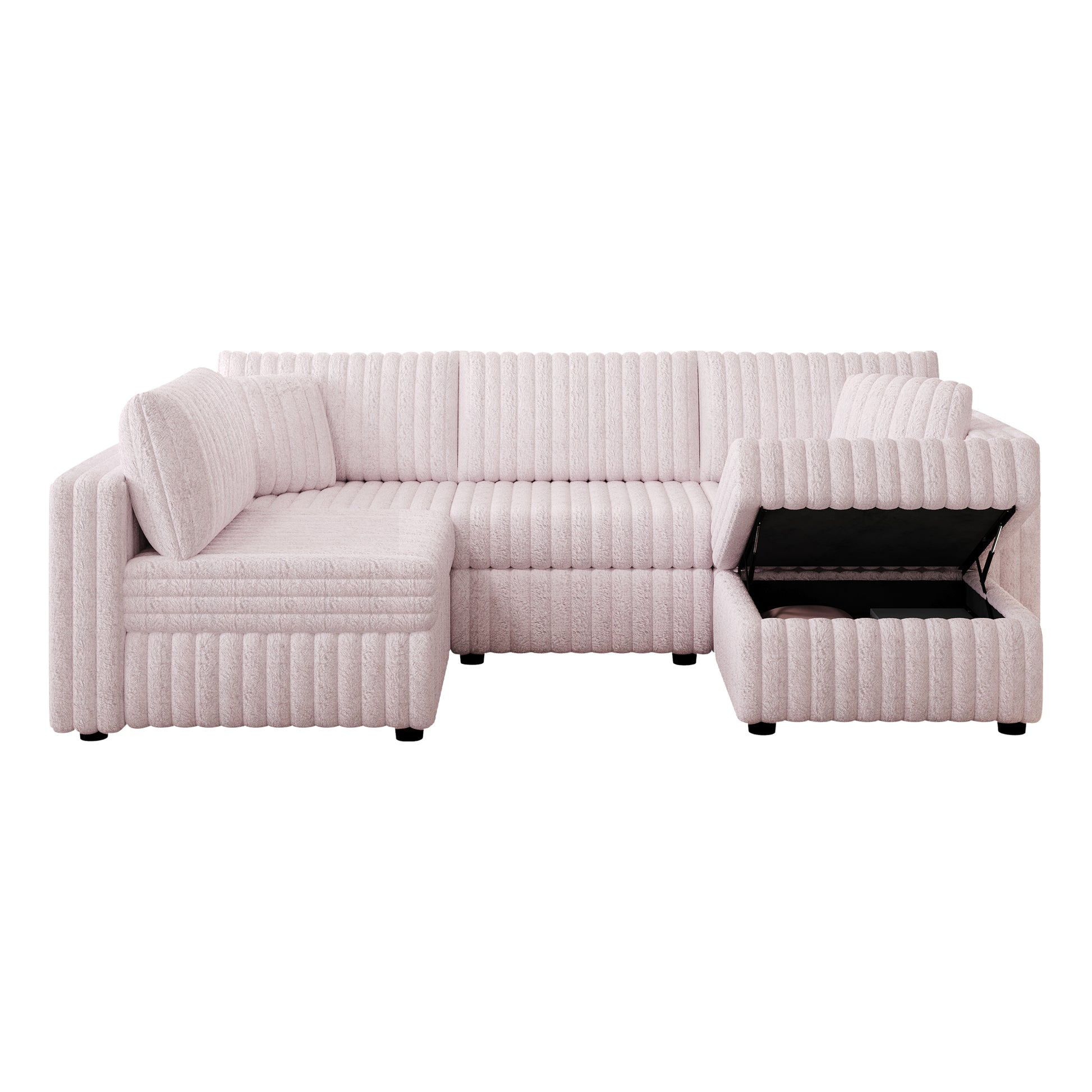 Light pink textured sectional sofa with open storage chaise