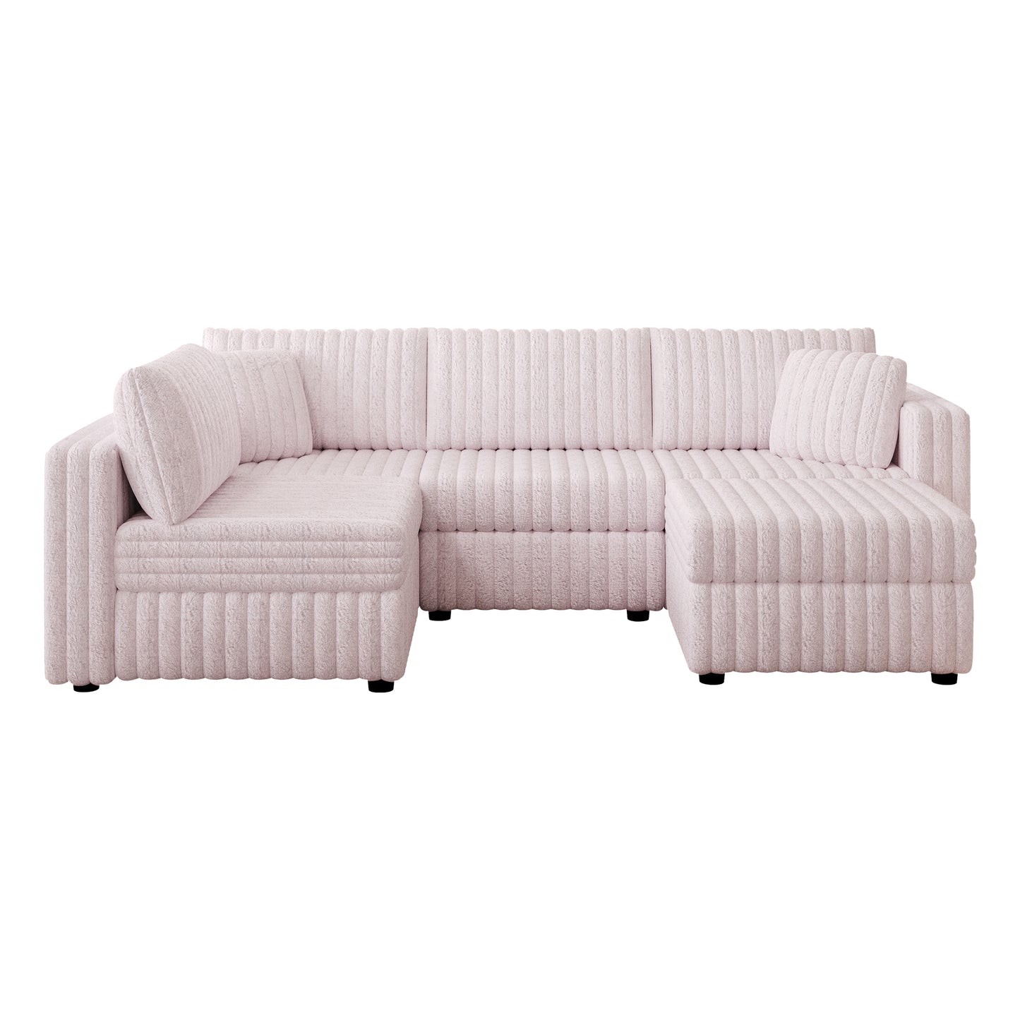 Light pink corduroy sectional sofa with plush cushions and black legs