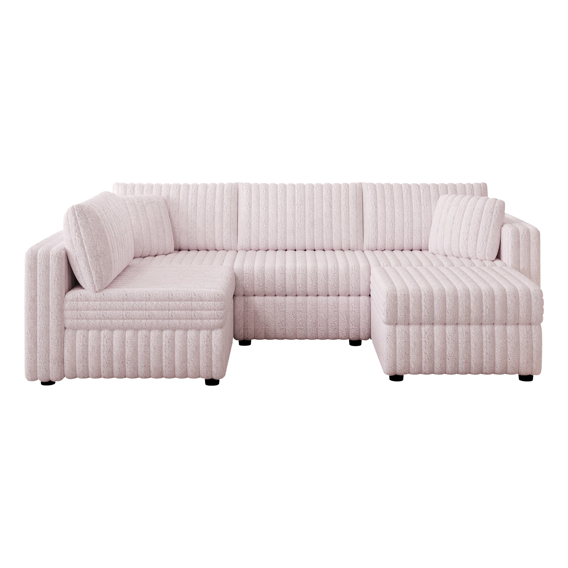 Light pink corduroy sectional sofa with plush cushions and black legs