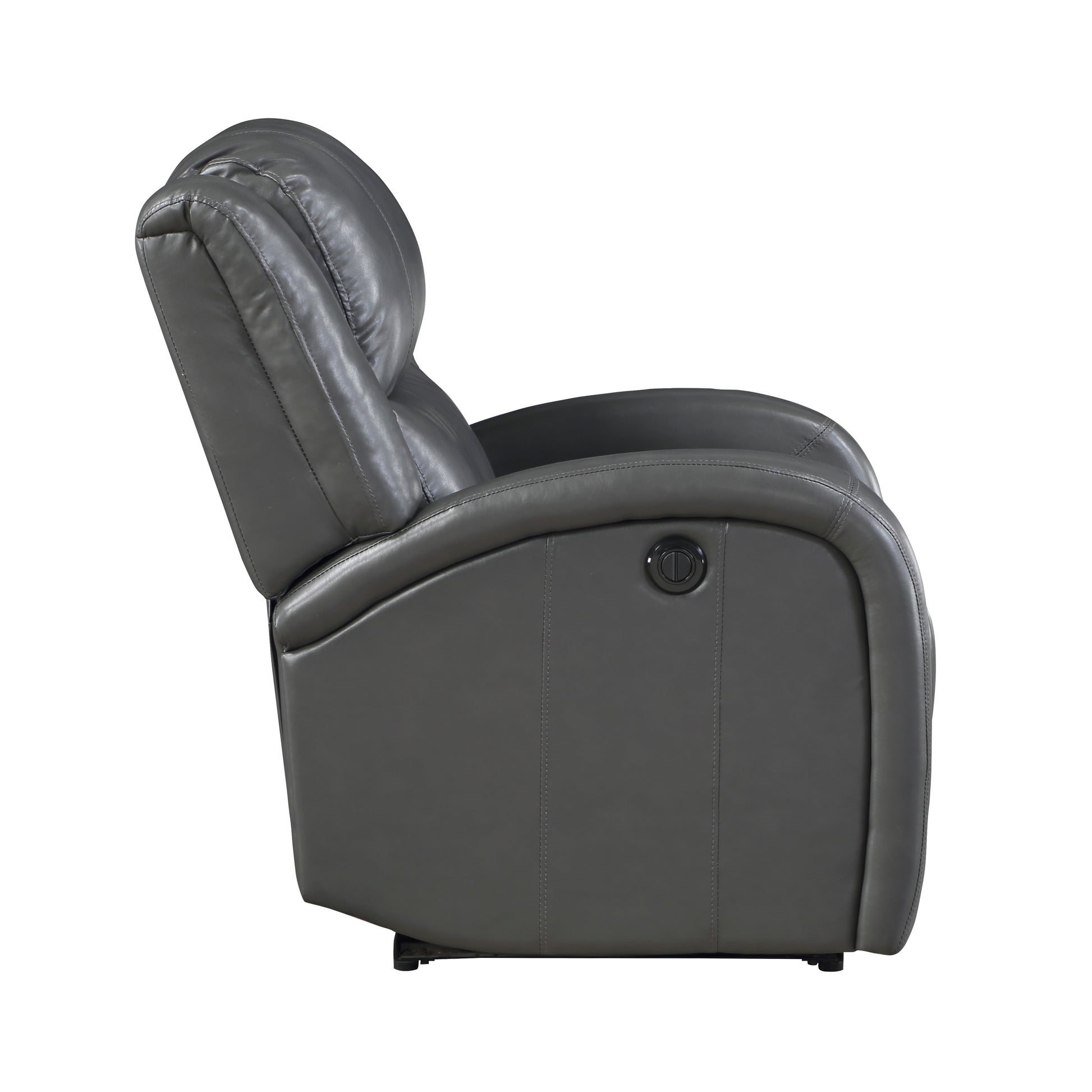 Gray leather recliner chair with plush cushioning and power control button