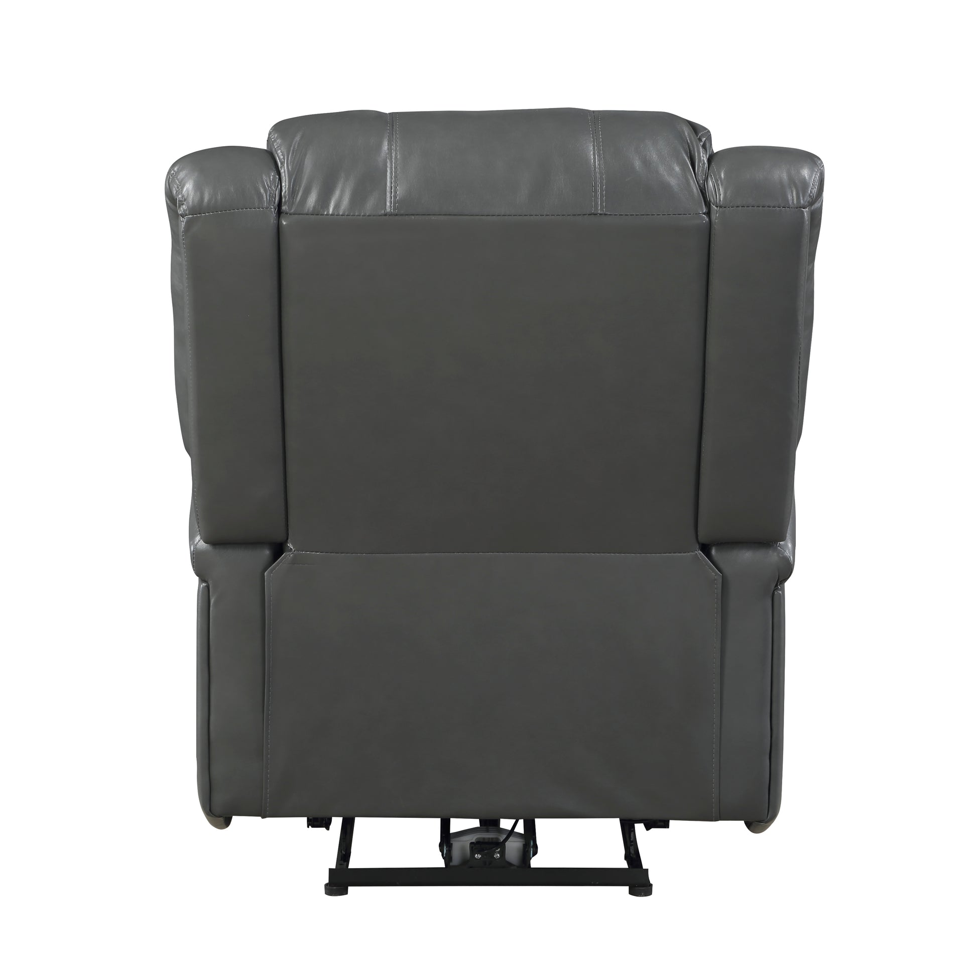 Back view of a plush charcoal gray leather recliner chair with visible stitching