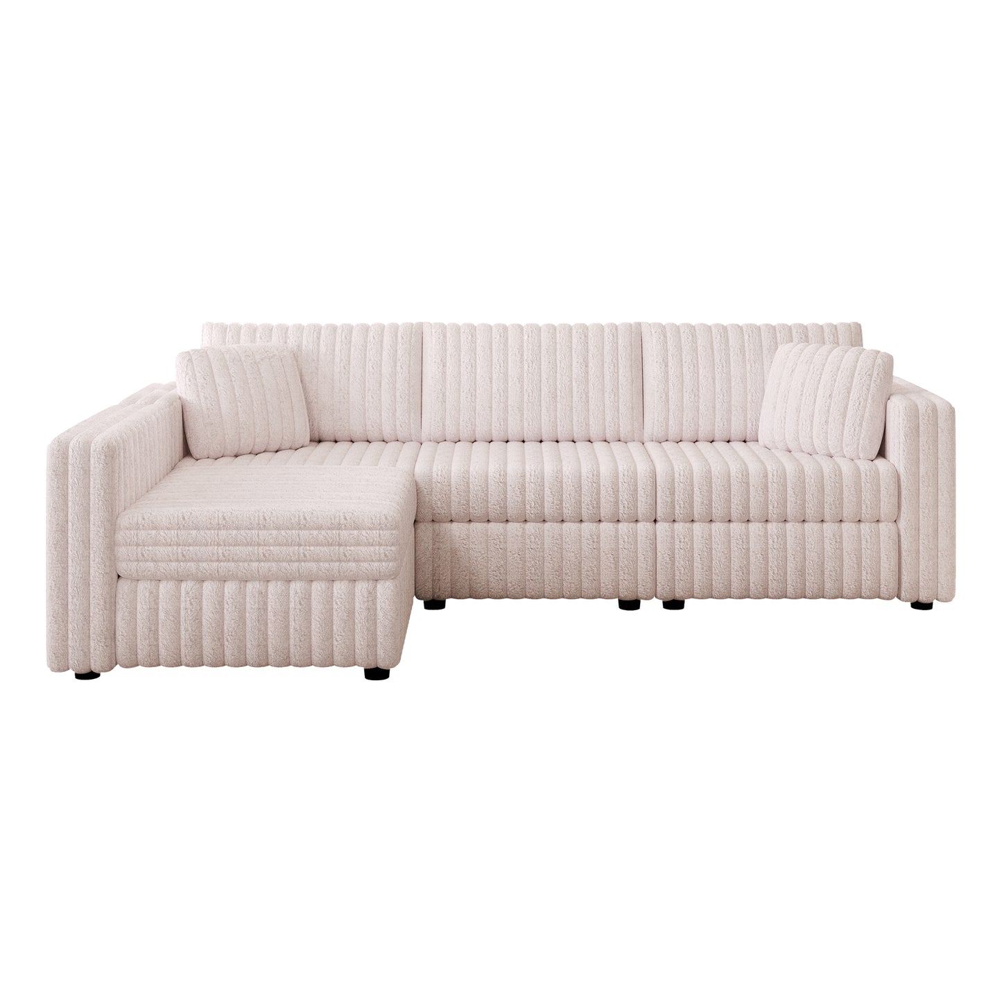Plush ivory boucle sectional sofa with ribbed texture and two throw pillows