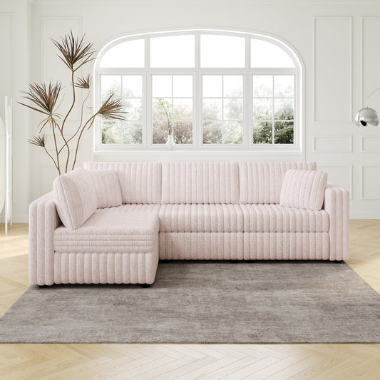 Light pink corded sectional sofa with plush texture and matching throw pillows elegant living room seating
