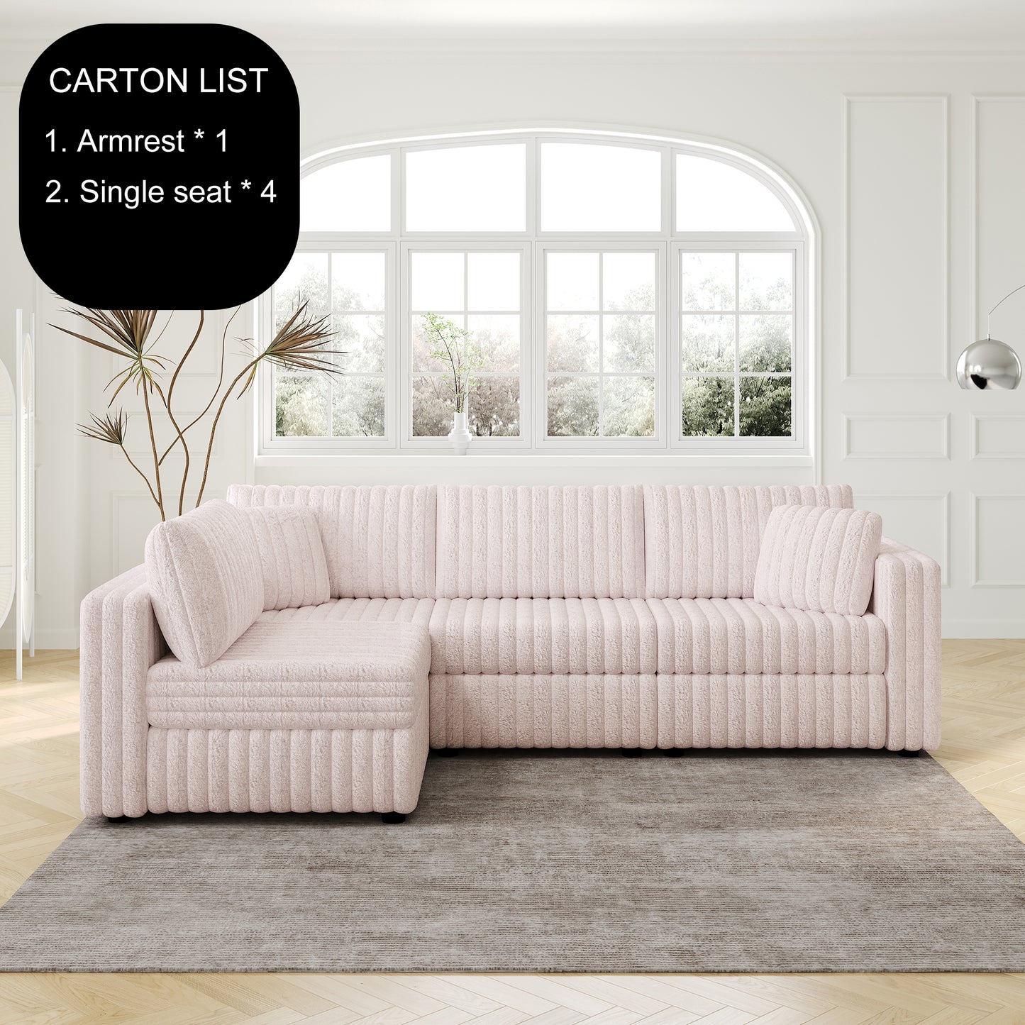 Plush pink sectional sofa with ribbed texture and matching throw pillows ideal for modern living rooms