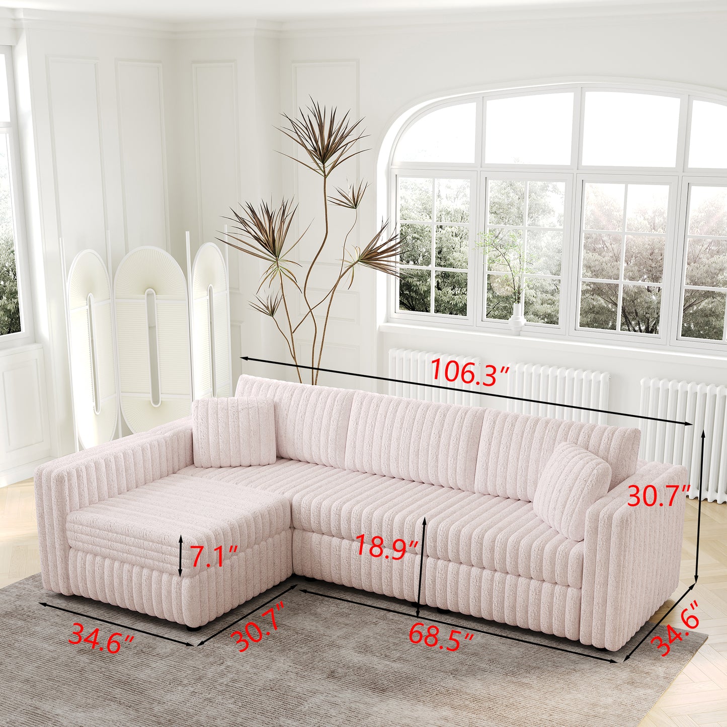 Soft pink corduroy sectional sofa with textured fabric and plush cushions