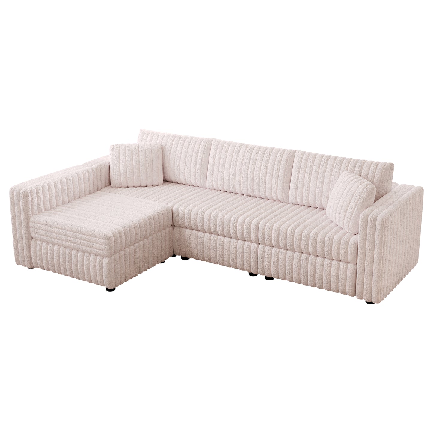Plush pink corduroy sectional sofa with two throw pillows perfect for modern living rooms