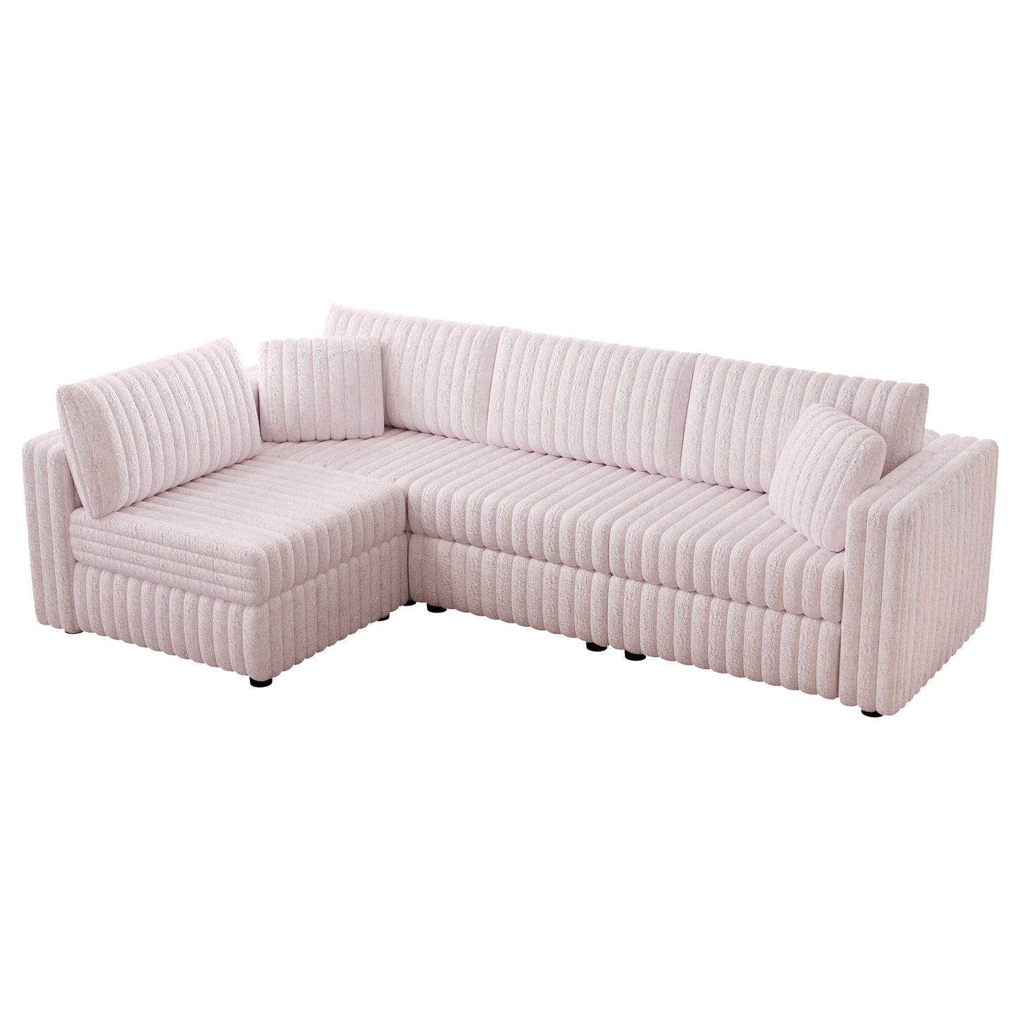 Light pink corduroy sectional sofa with plush cushions modern design for living room seating