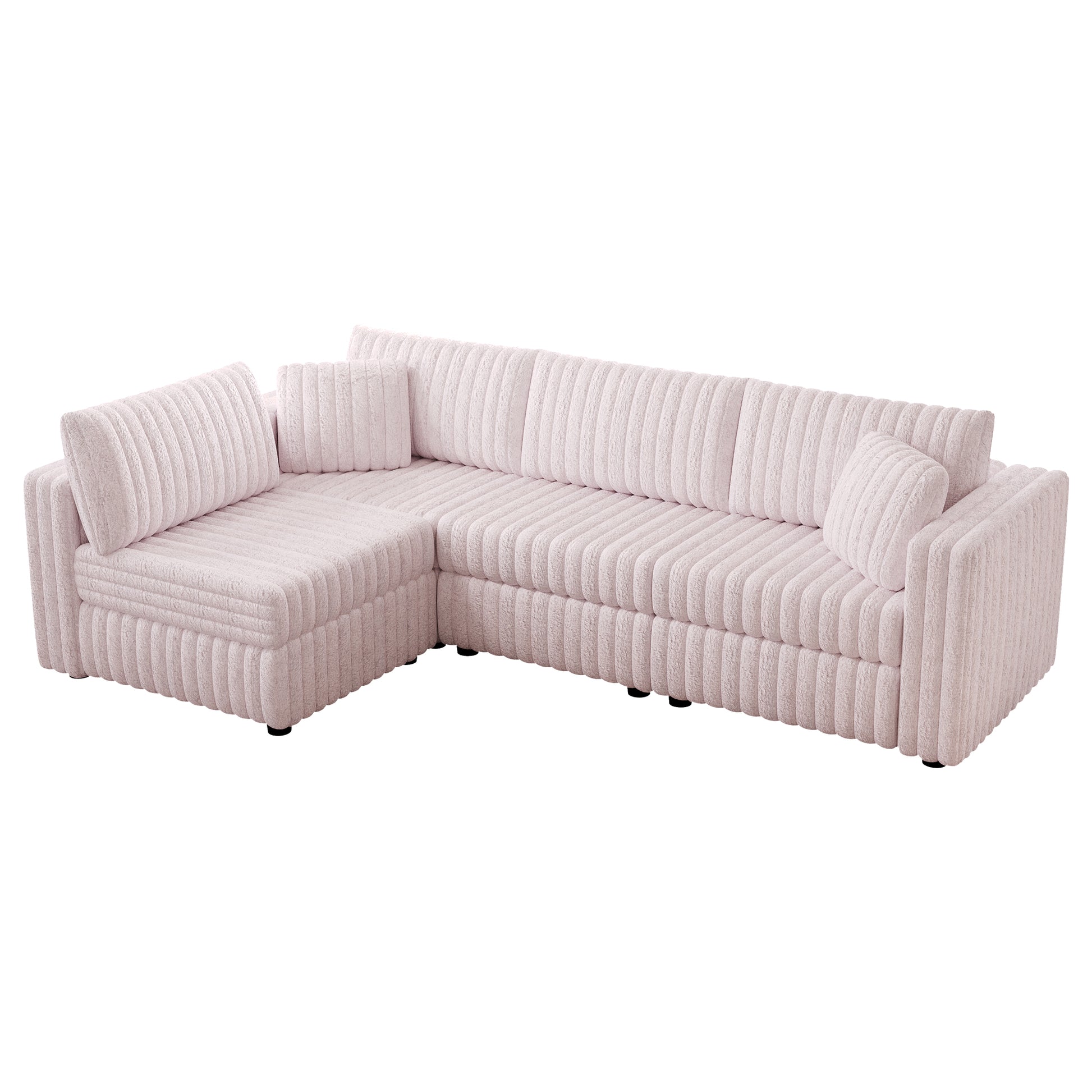 Light pink corduroy sectional sofa with plush cushions modern design for living room seating