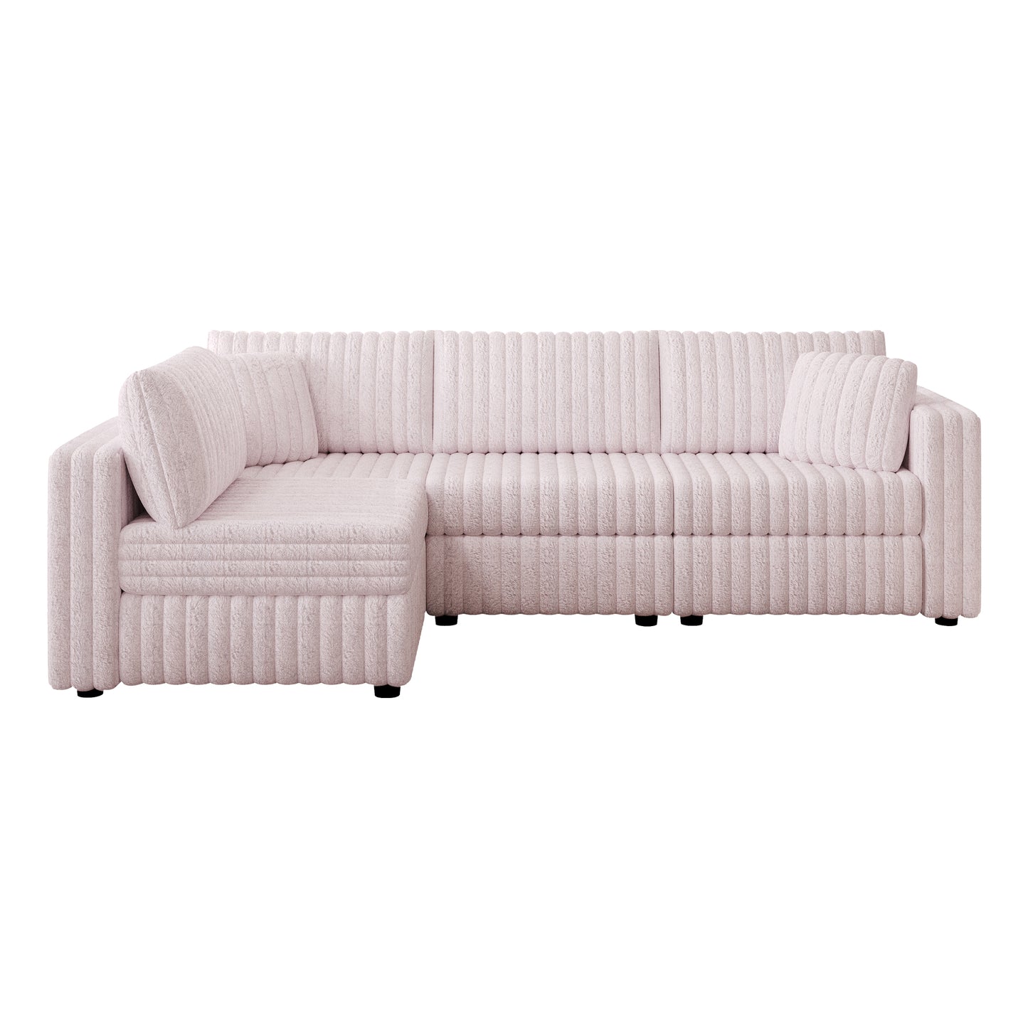 Light pink corduroy fabric sectional sofa with plush cushions and modern black legs