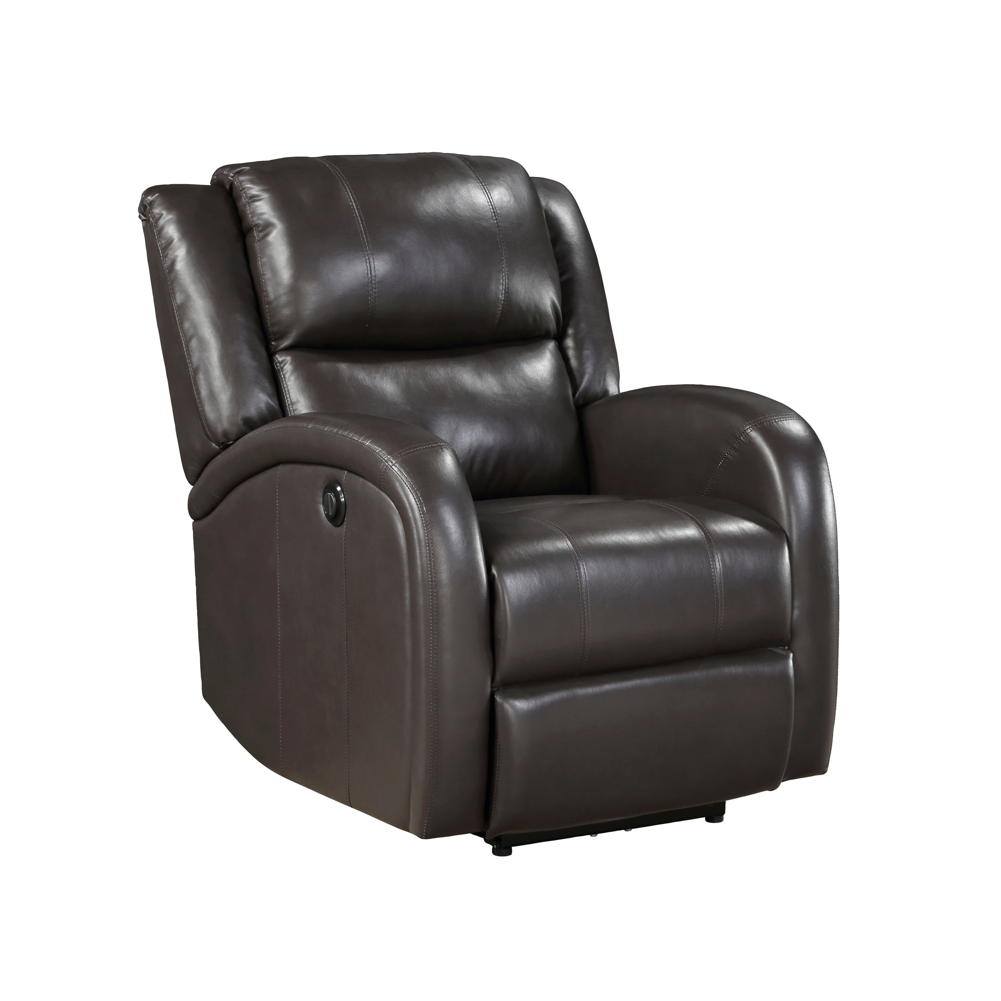 Dark brown leather power recliner with plush cushions and convenient side controls for ultimate comfort