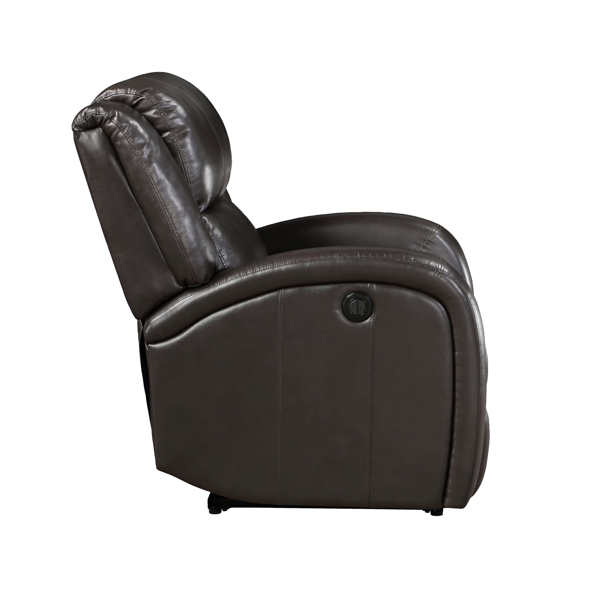 Dark brown leather recliner with plush cushioning and side lever for reclining comfort