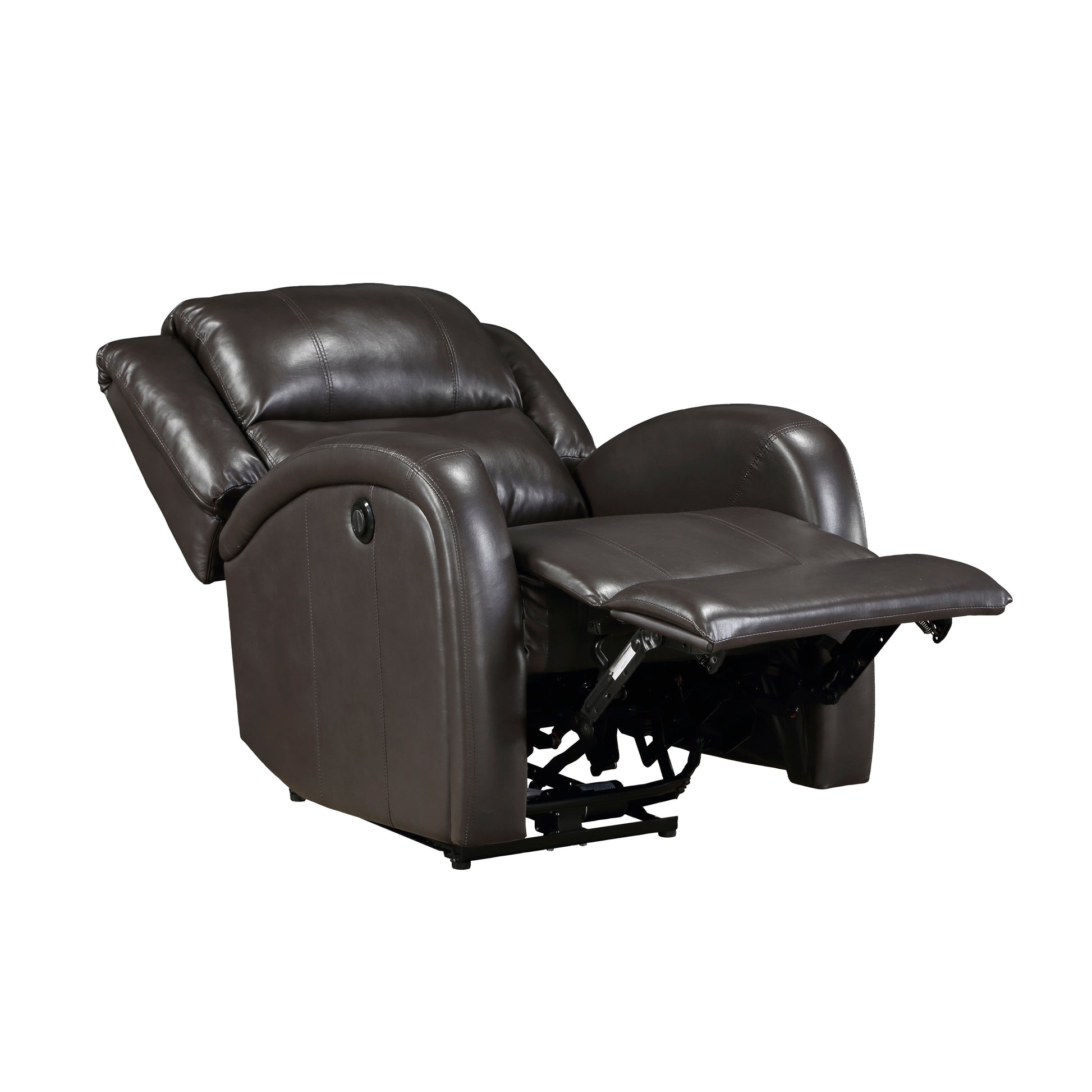 Dark brown leather recliner chair with extended footrest and reclining back