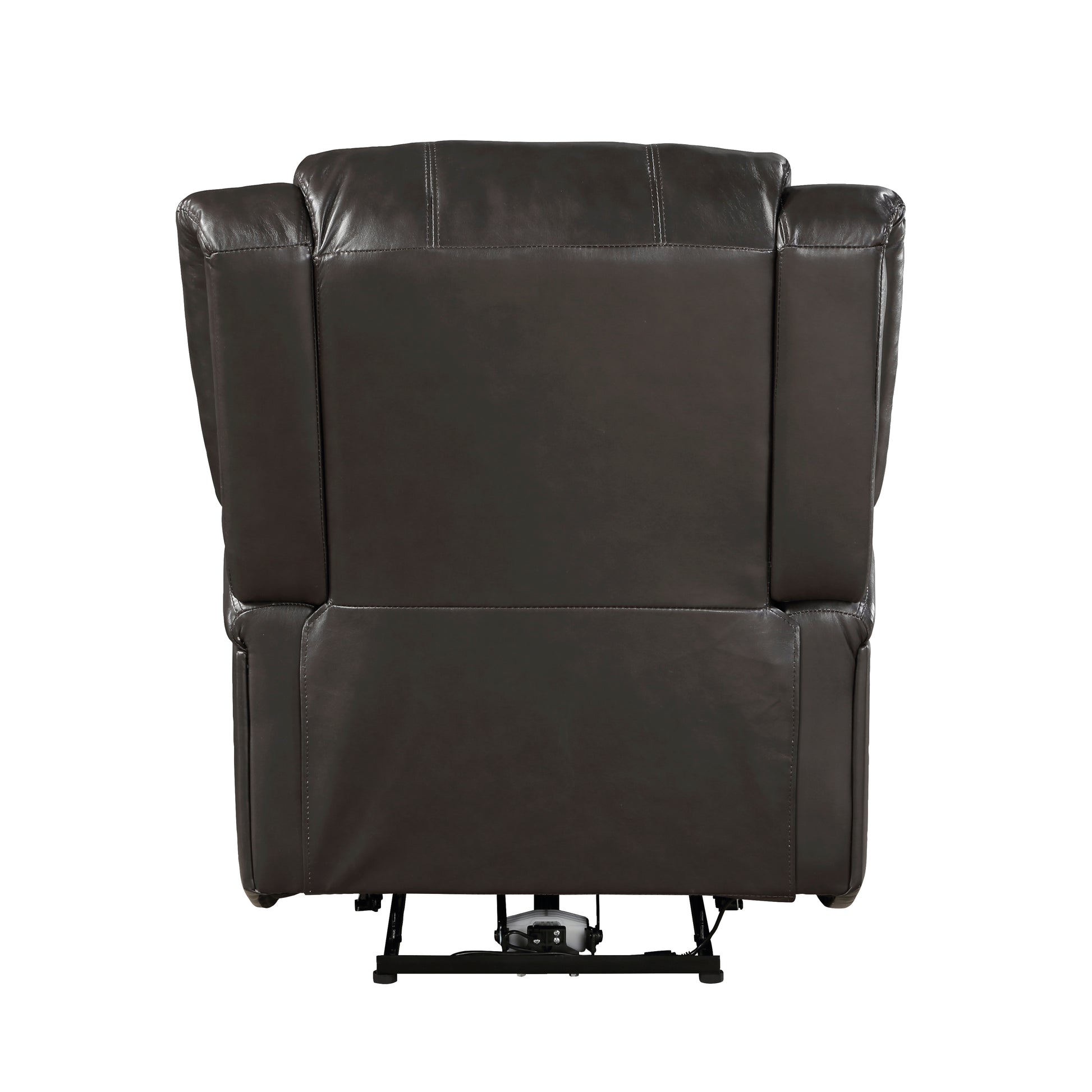 Rear view of a dark brown leather power lift recliner with visible mechanism