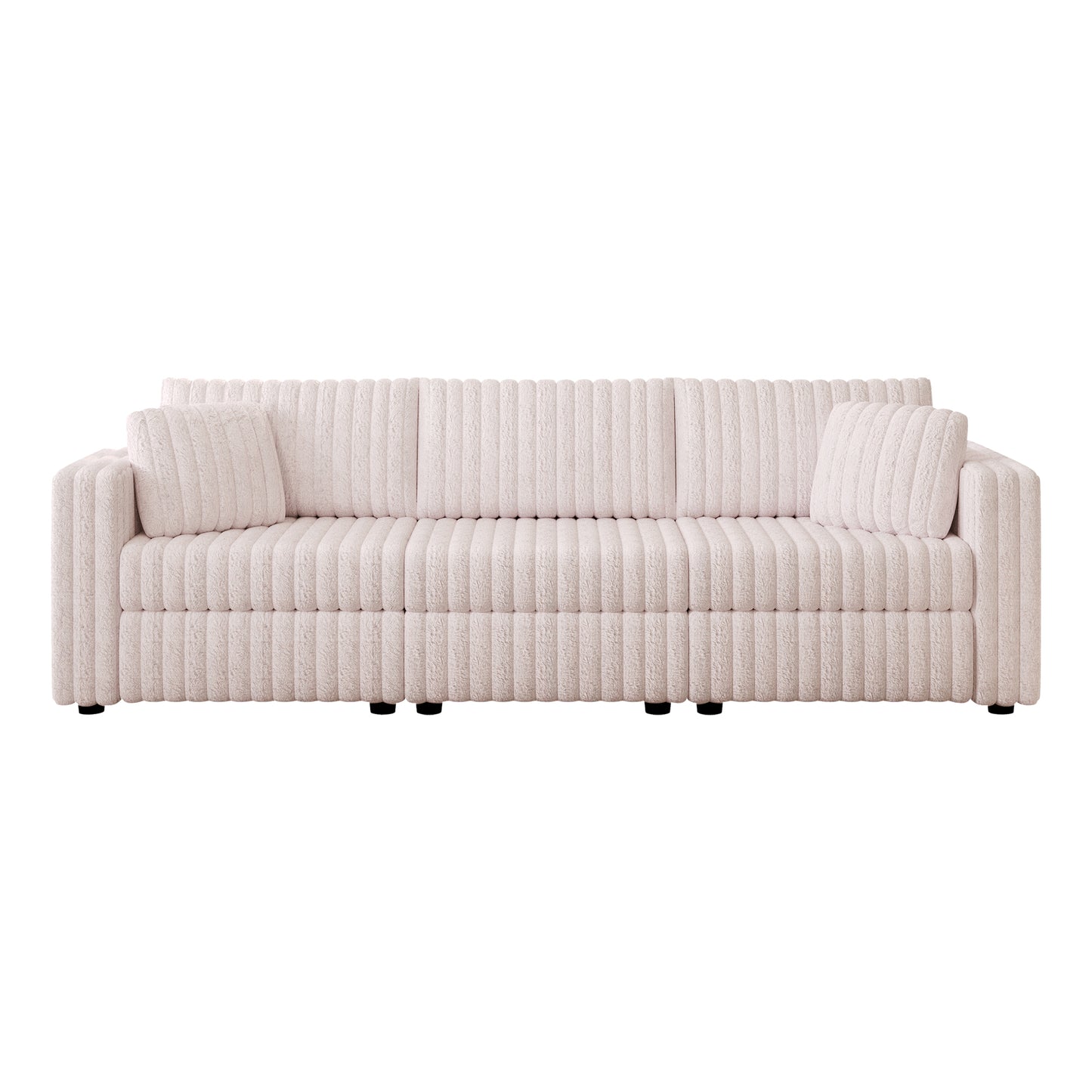 Modern blush boucle fabric sofa with ribbed texture and plush cushions