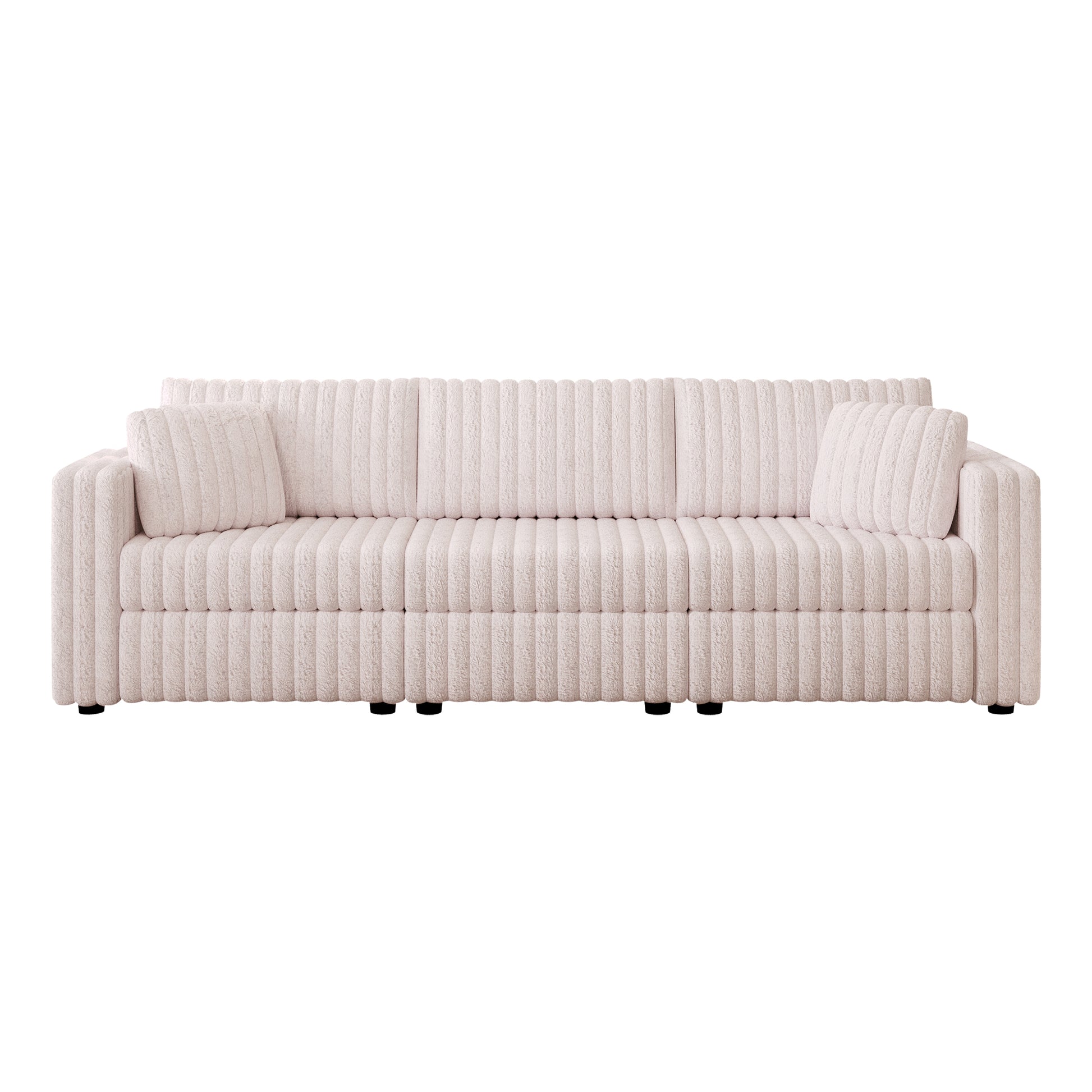Modern blush boucle fabric sofa with ribbed texture and plush cushions