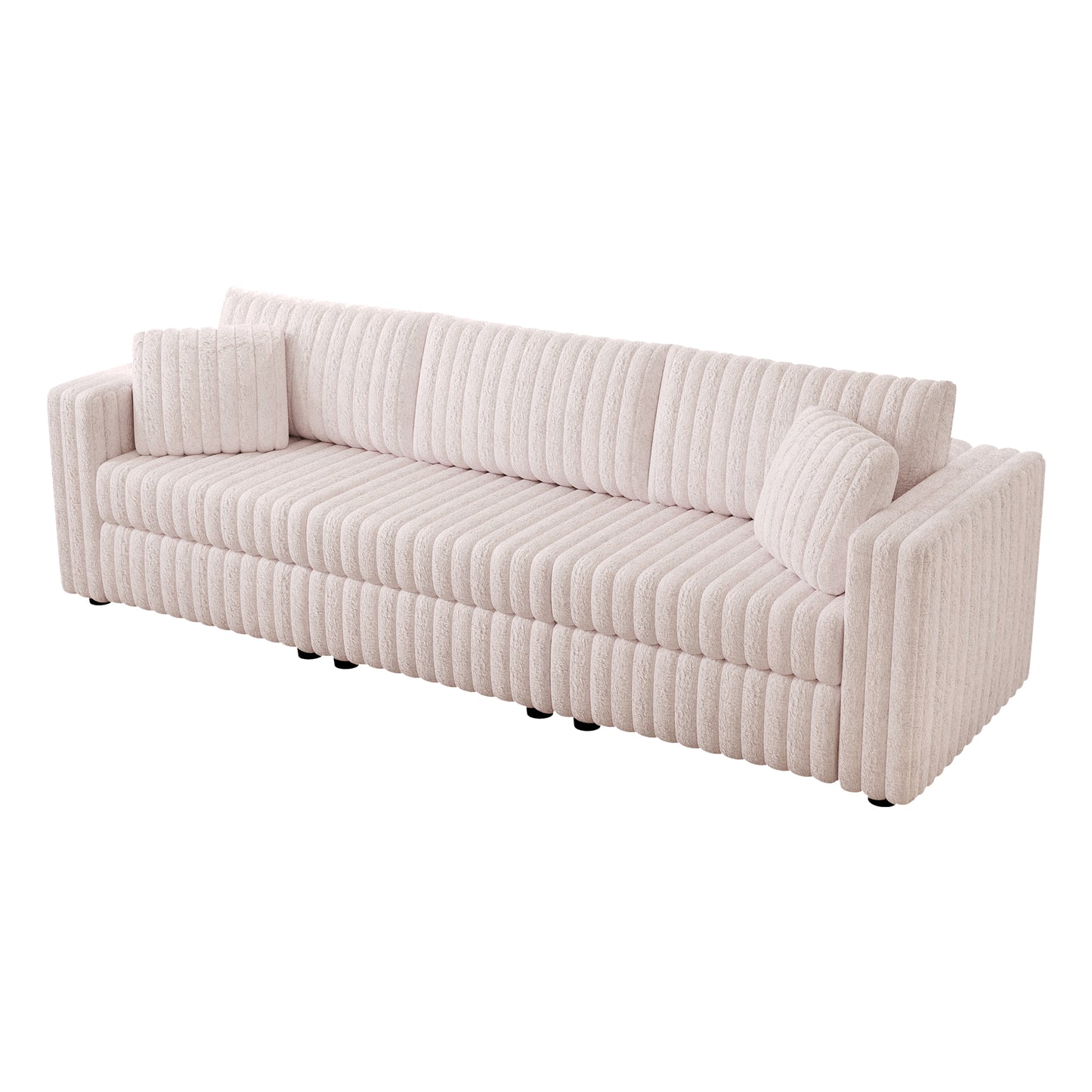 Plush cream corduroy threeseater sofa with rounded arms and matching throw pillows