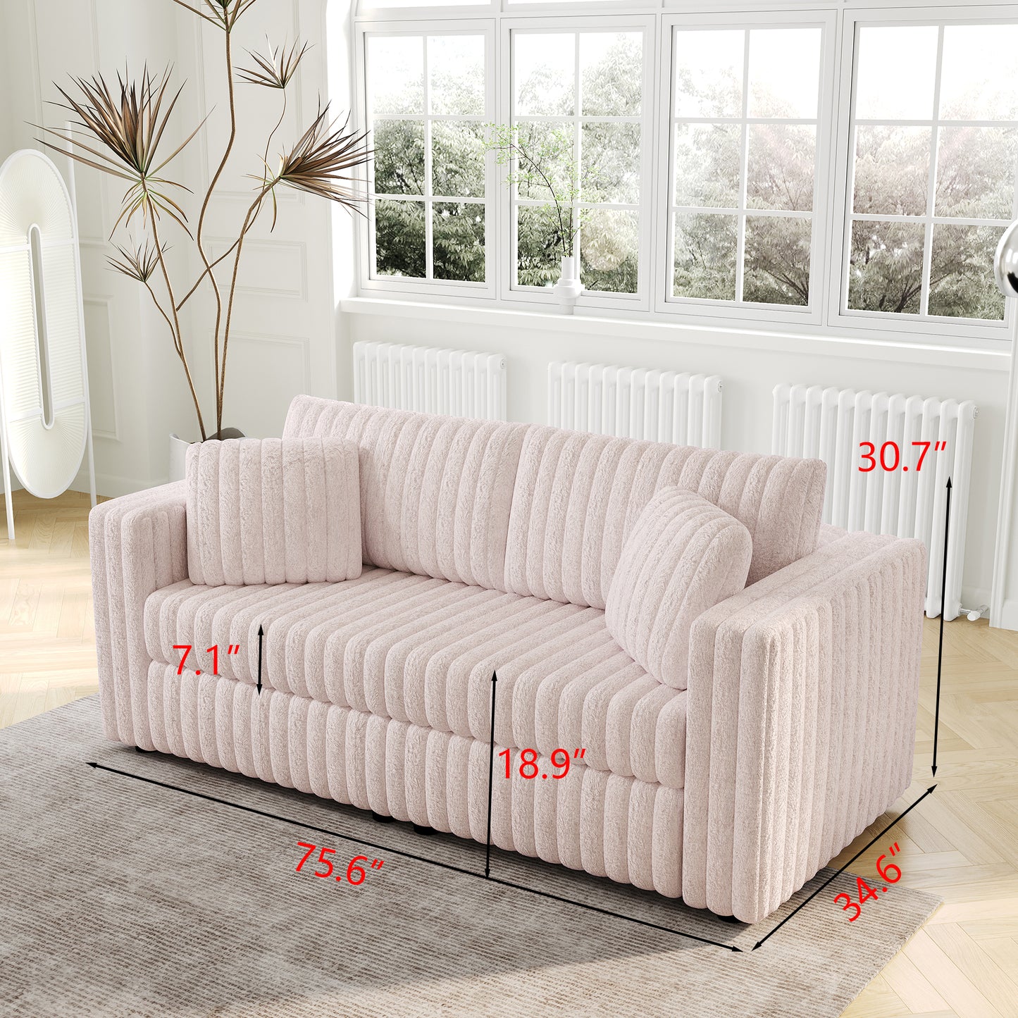 Pink channel tufted fabric sofa with plush cushions  L x  D
