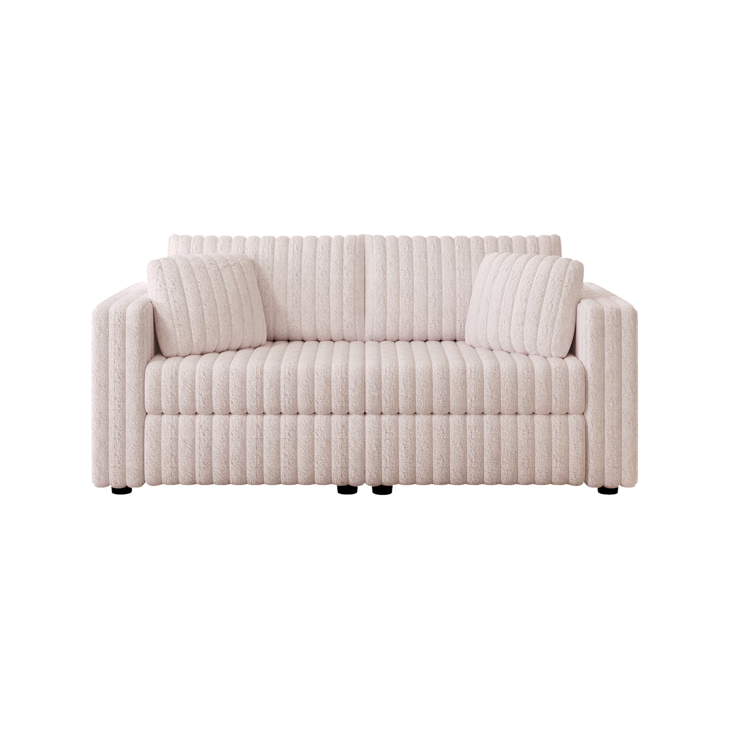 Plush cream sofa with ribbed upholstery and two matching throw pillows