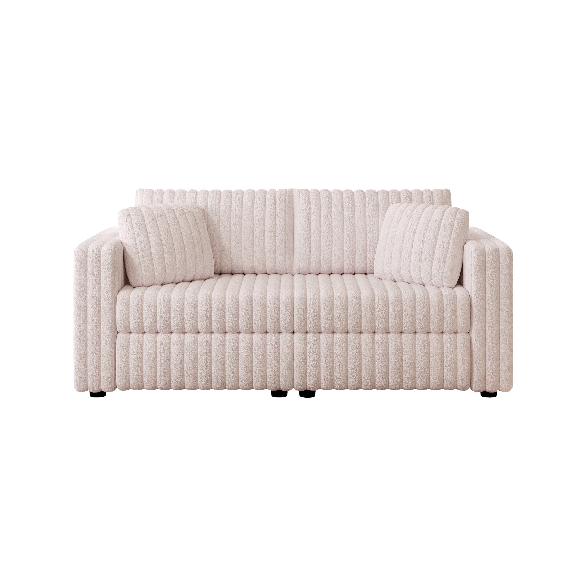 Plush cream sofa with ribbed upholstery and two matching throw pillows