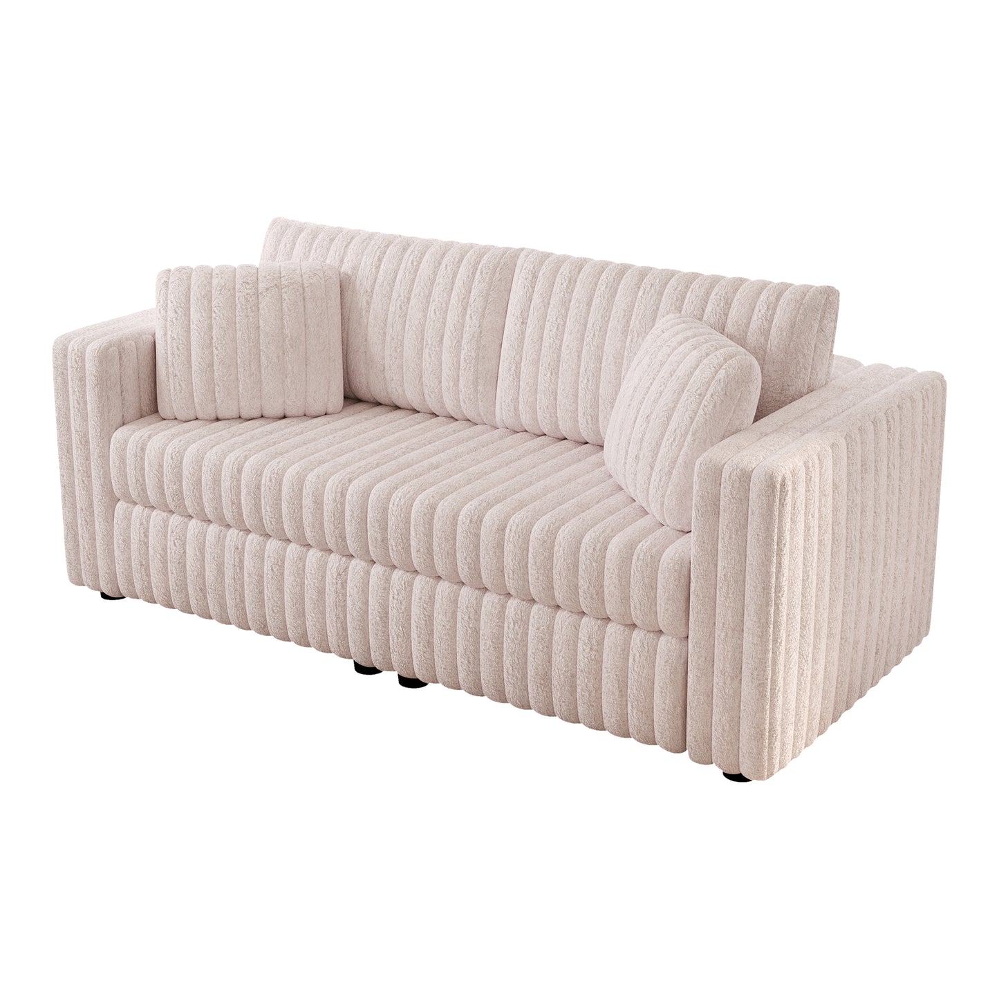 Plush cream boucle fabric sofa with vertical channel tufting and two accent pillows