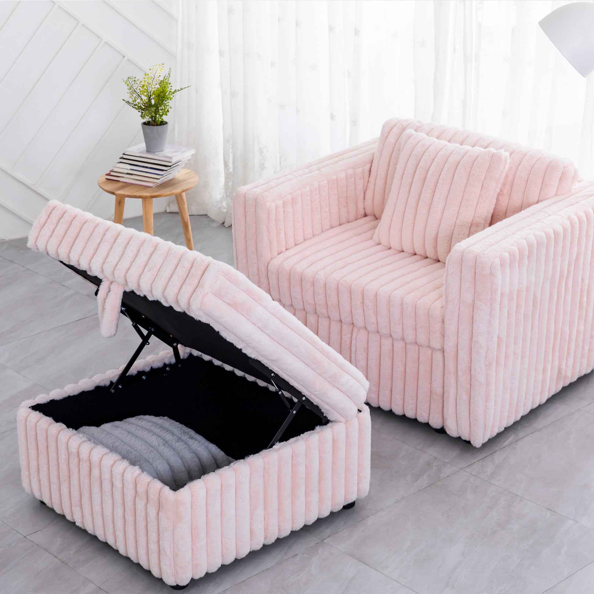Open pink plush storage ottoman with hydraulic lift mechanism for easy access