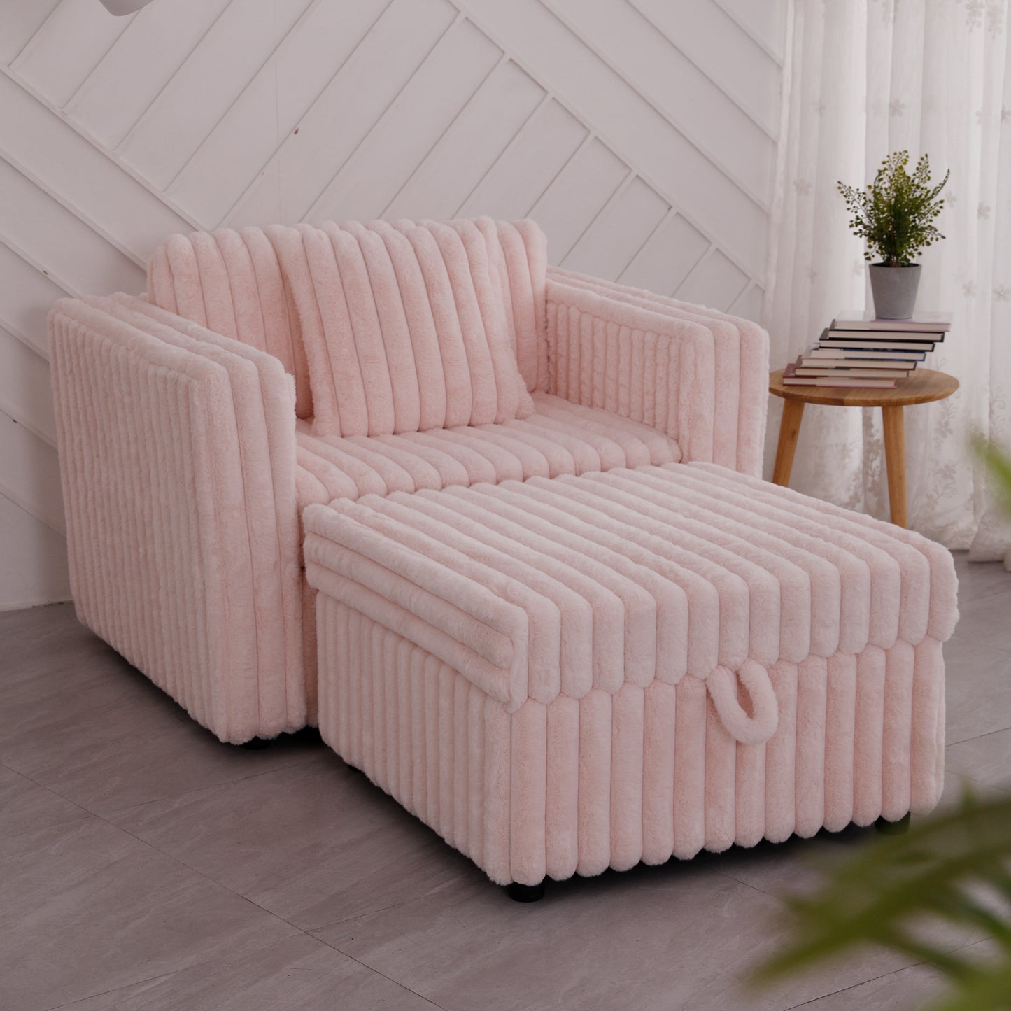 Plush pink corduroy loveseat with matching ottoman and storage perfect for cozy living rooms