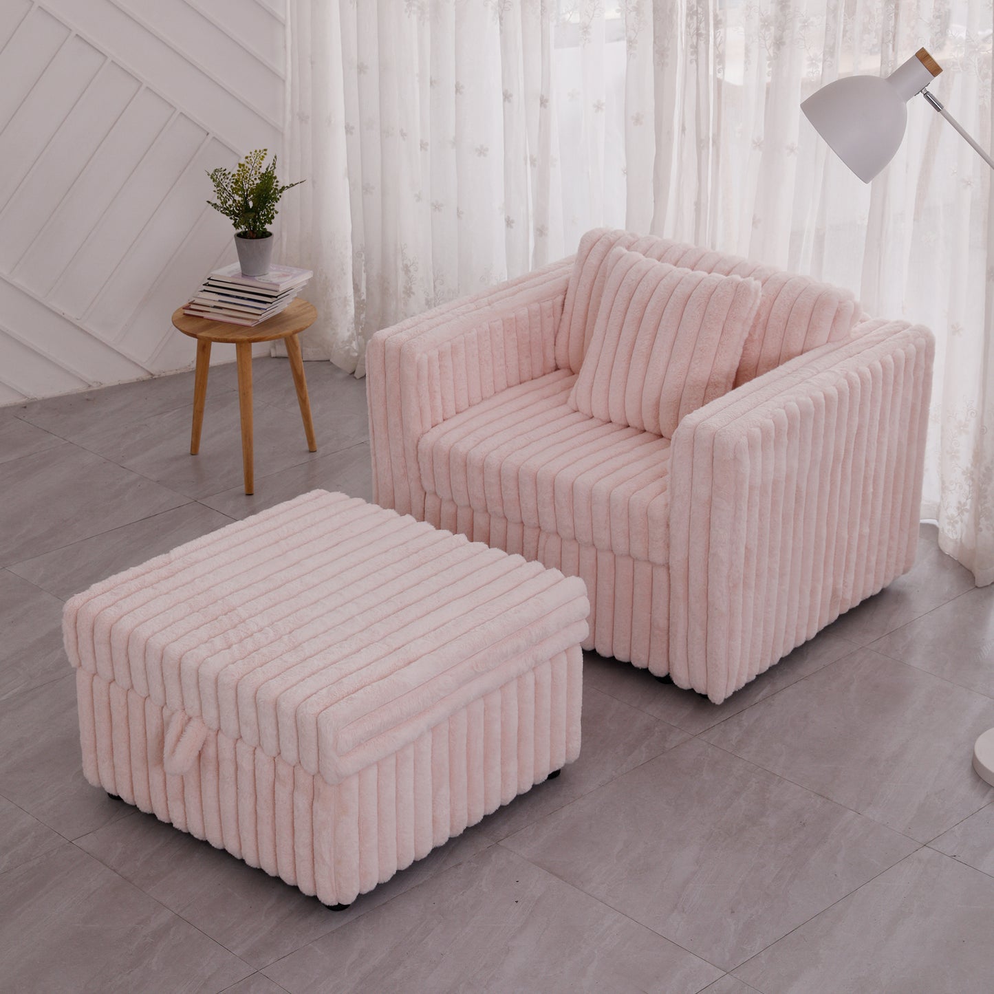 Plush pink corduroy armchair with matching ottoman for cozy living room seating